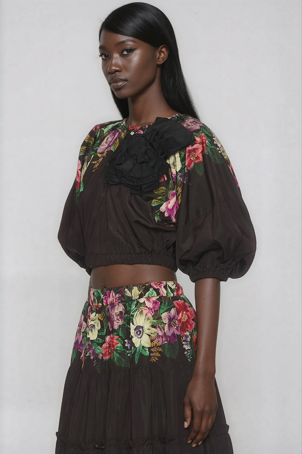 Giotto Balloon Sleeve Flower Ruch Skirt Set