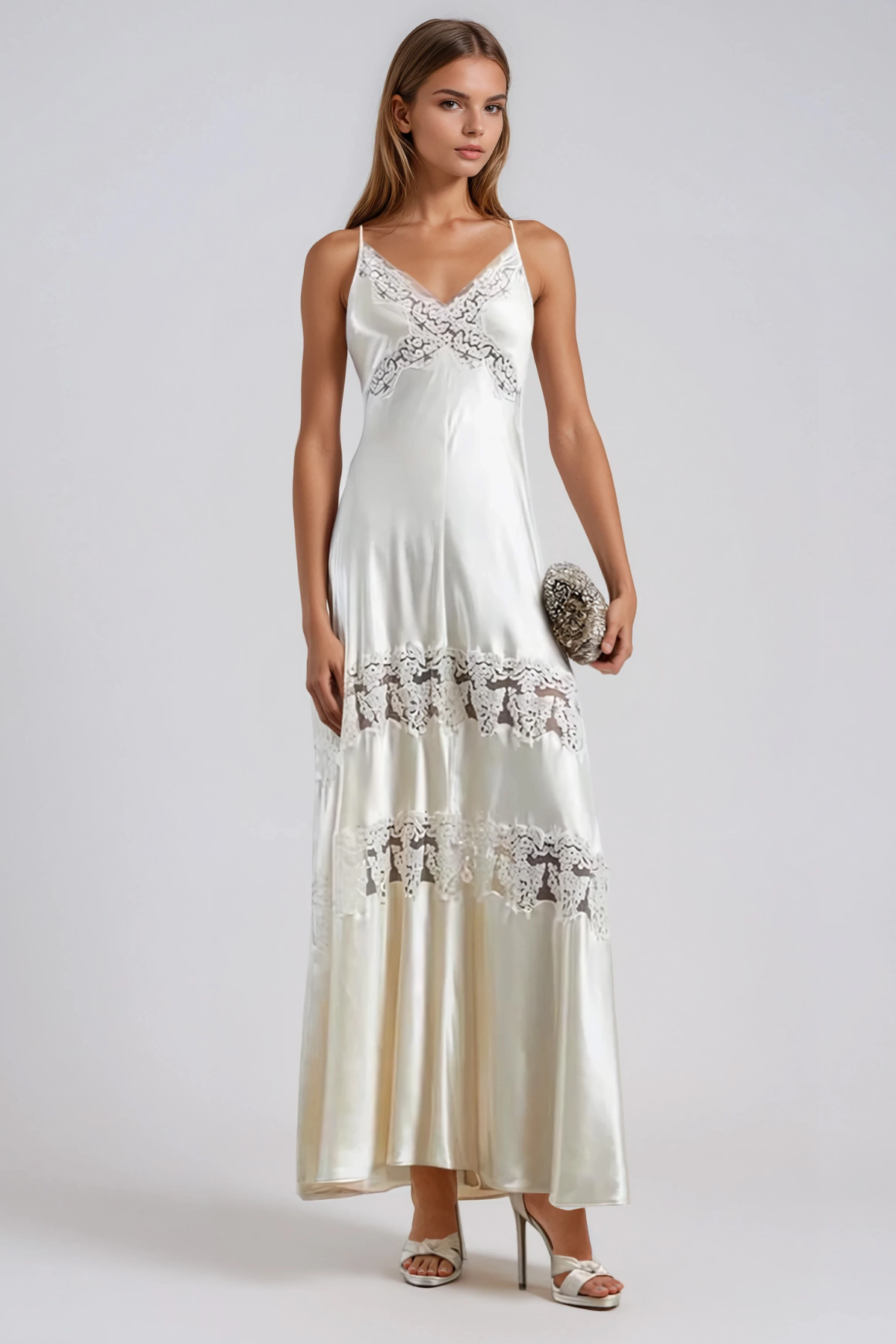 Hamidah Spaghetti Satin Lace Maxi Dress