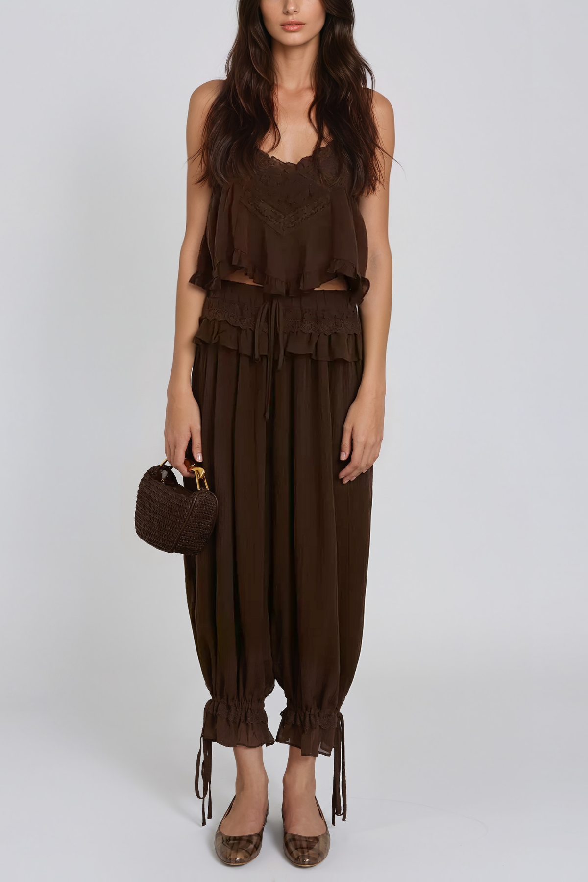 Hepzibah Spaghetti Ruffle Ruch Pants Set
