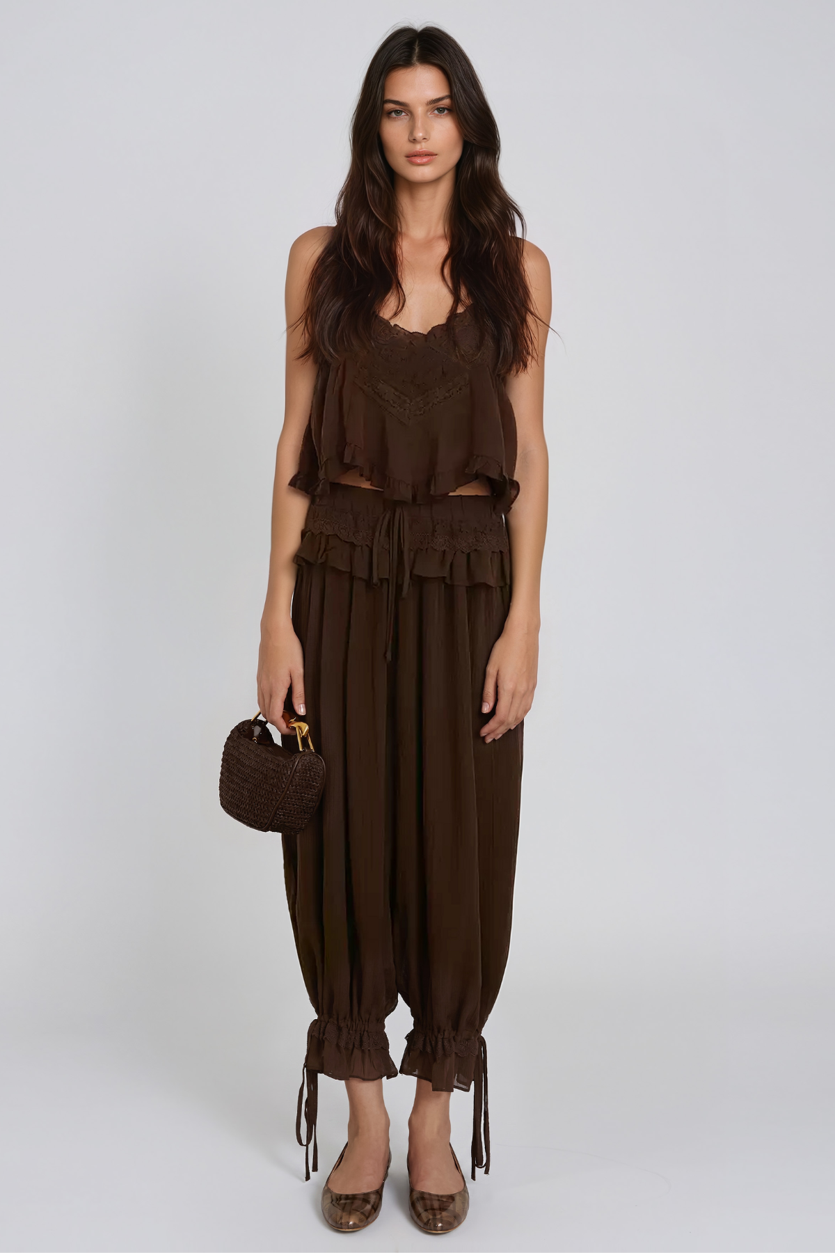 Hepzibah Spaghetti Ruffle Ruch Pants Set