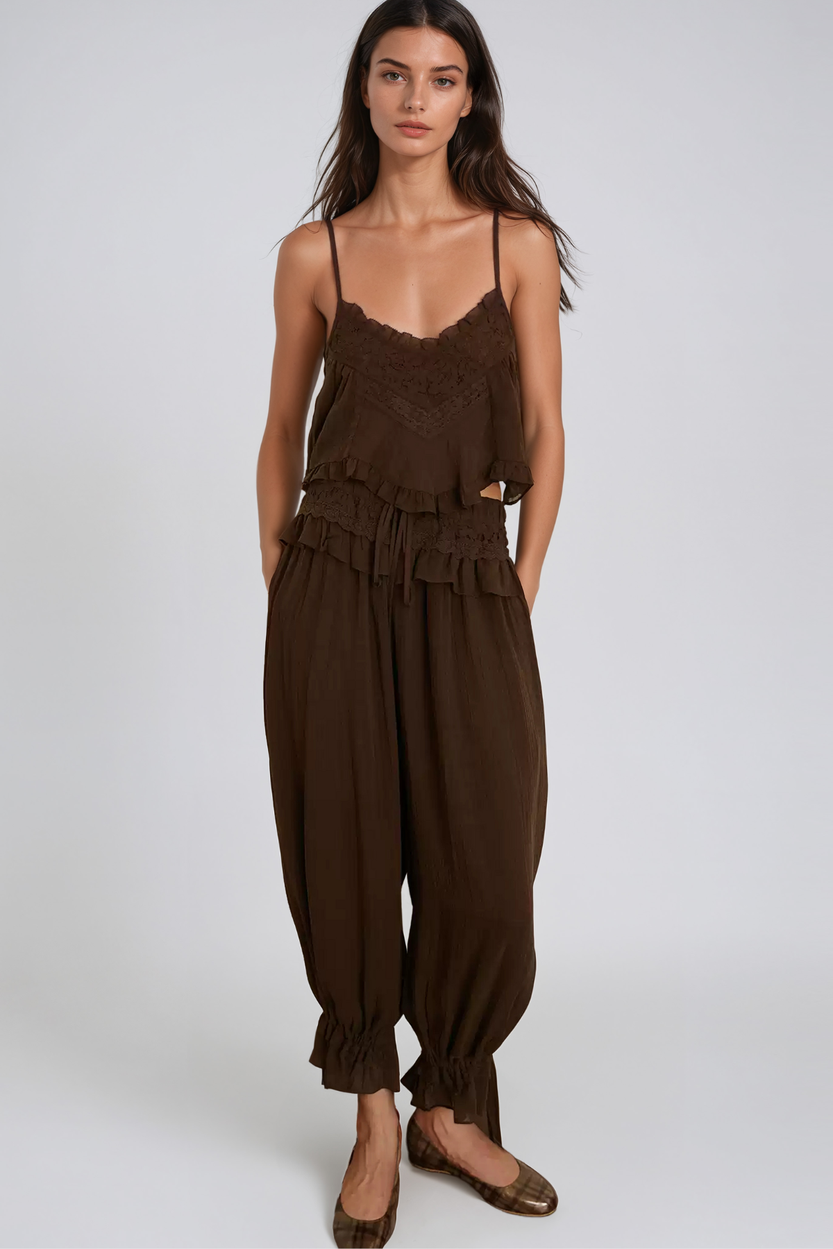 Hepzibah Spaghetti Ruffle Ruch Pants Set