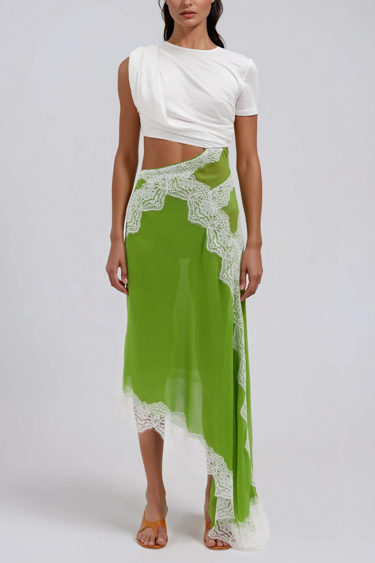 Bess Asymmetric Lace Satin Midi Dress In Chartreuse