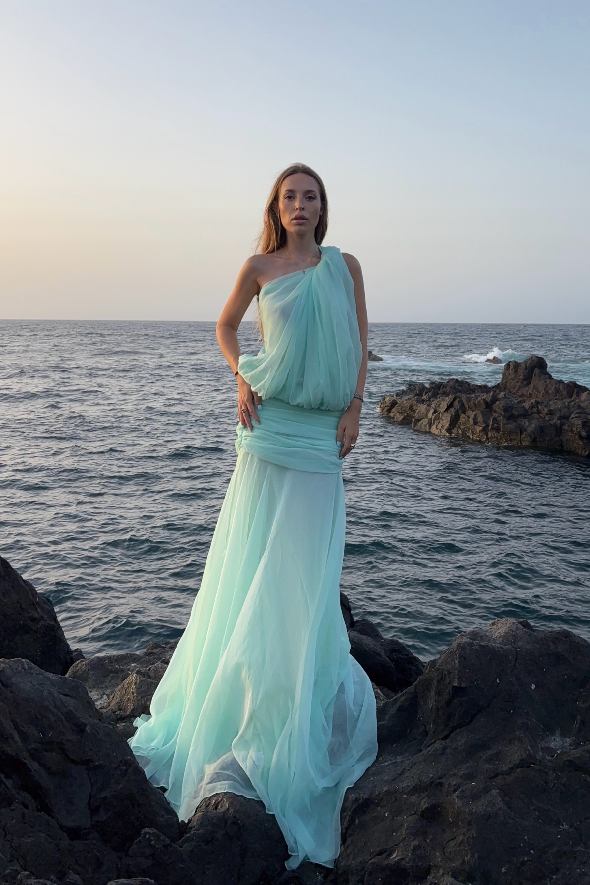 Javaid One Shoulder Mesh Draped Maxi Dress