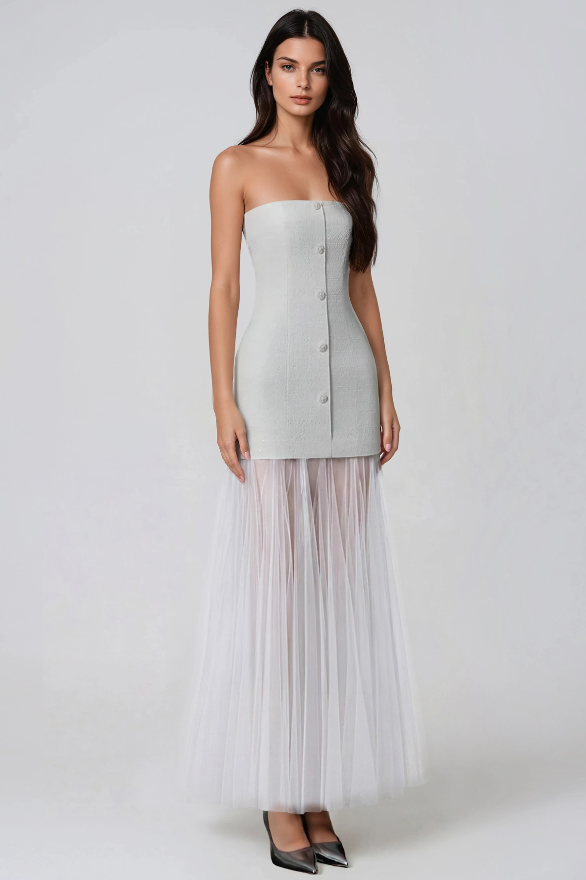 Haoua Strapless Mesh Ruch Maxi Dress