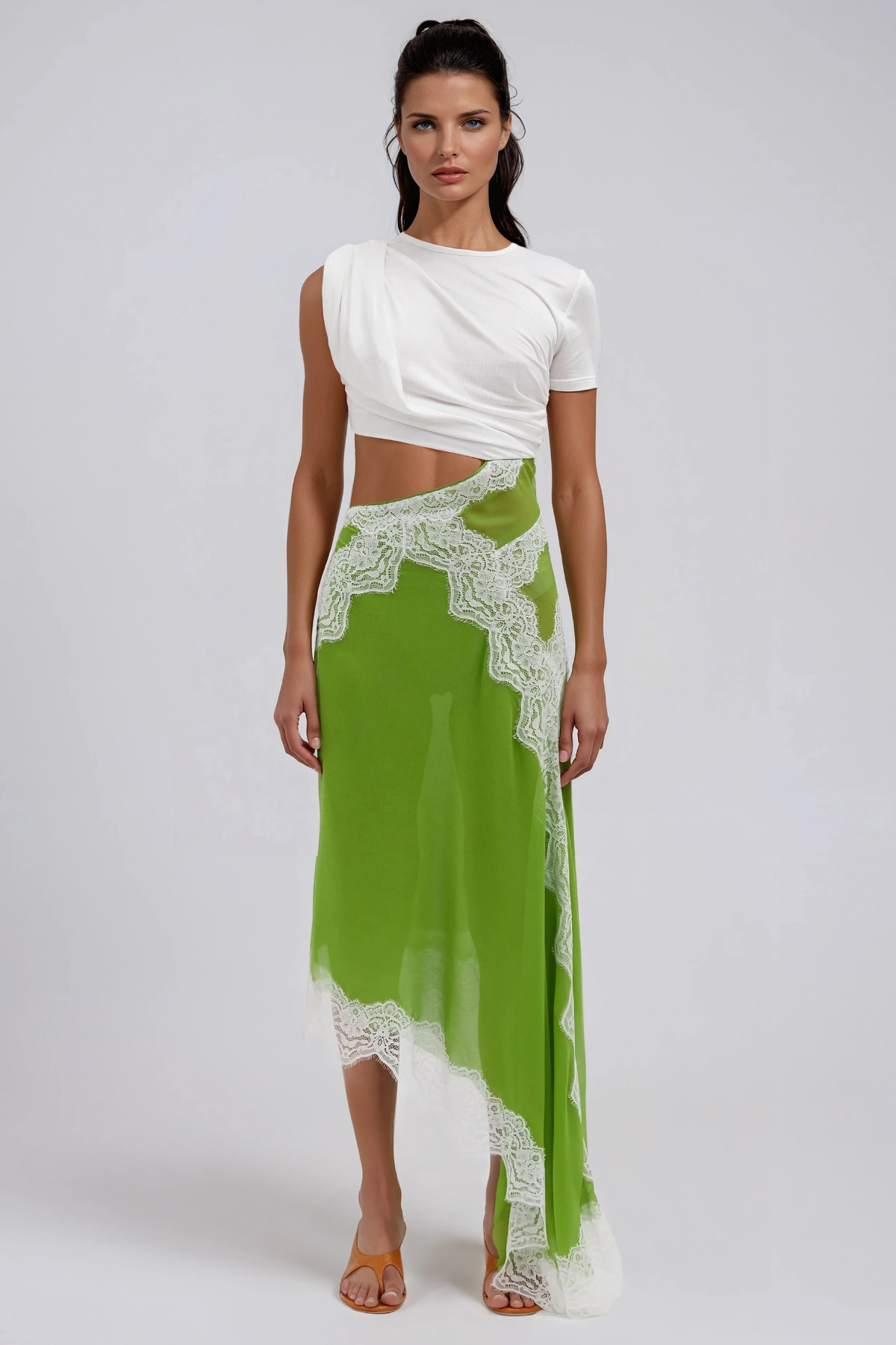 Bess Asymmetric Lace Satin Midi Dress In Chartreuse