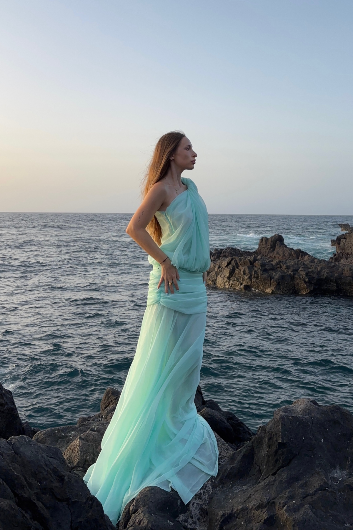 Javaid One Shoulder Mesh Draped Maxi Dress