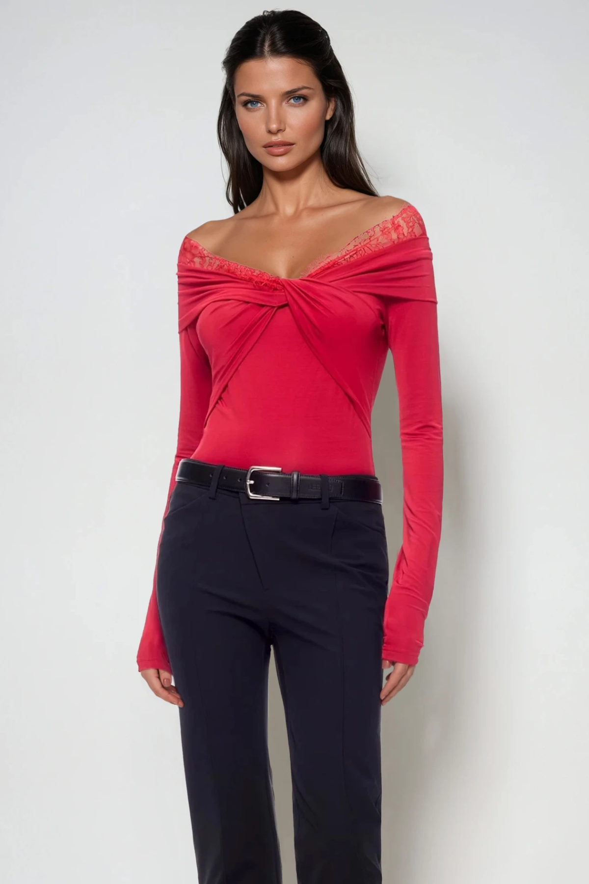 Dugald Lace Off Shoulder Twist Top In Red
