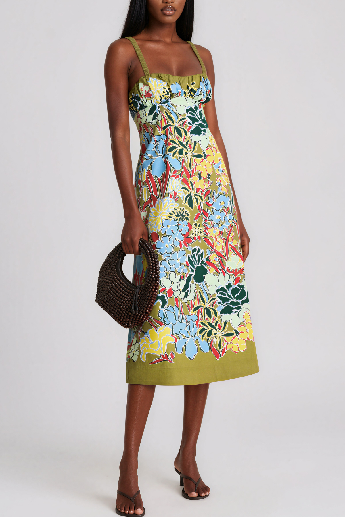 Kahedin Floral Ruched Strap Midi Dress