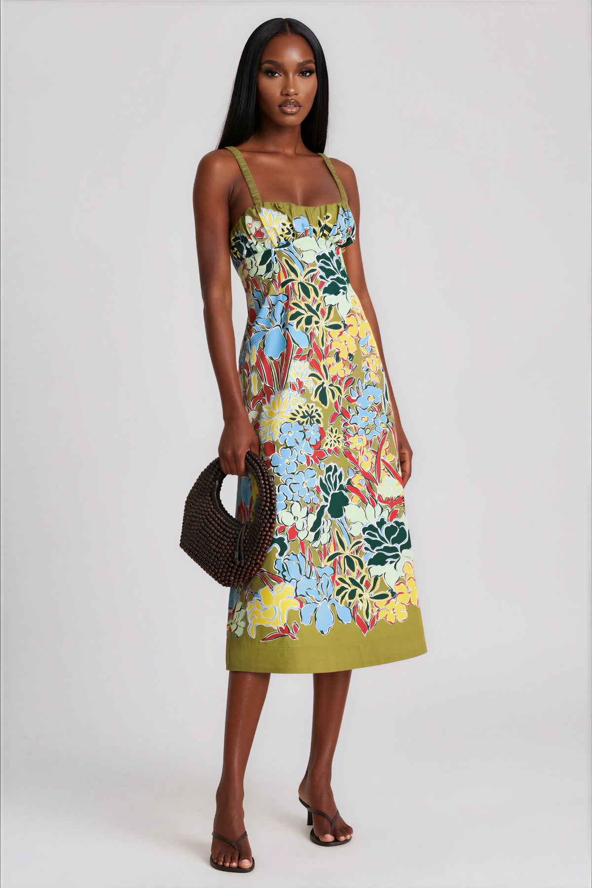Kahedin Floral Ruched Strap Midi Dress