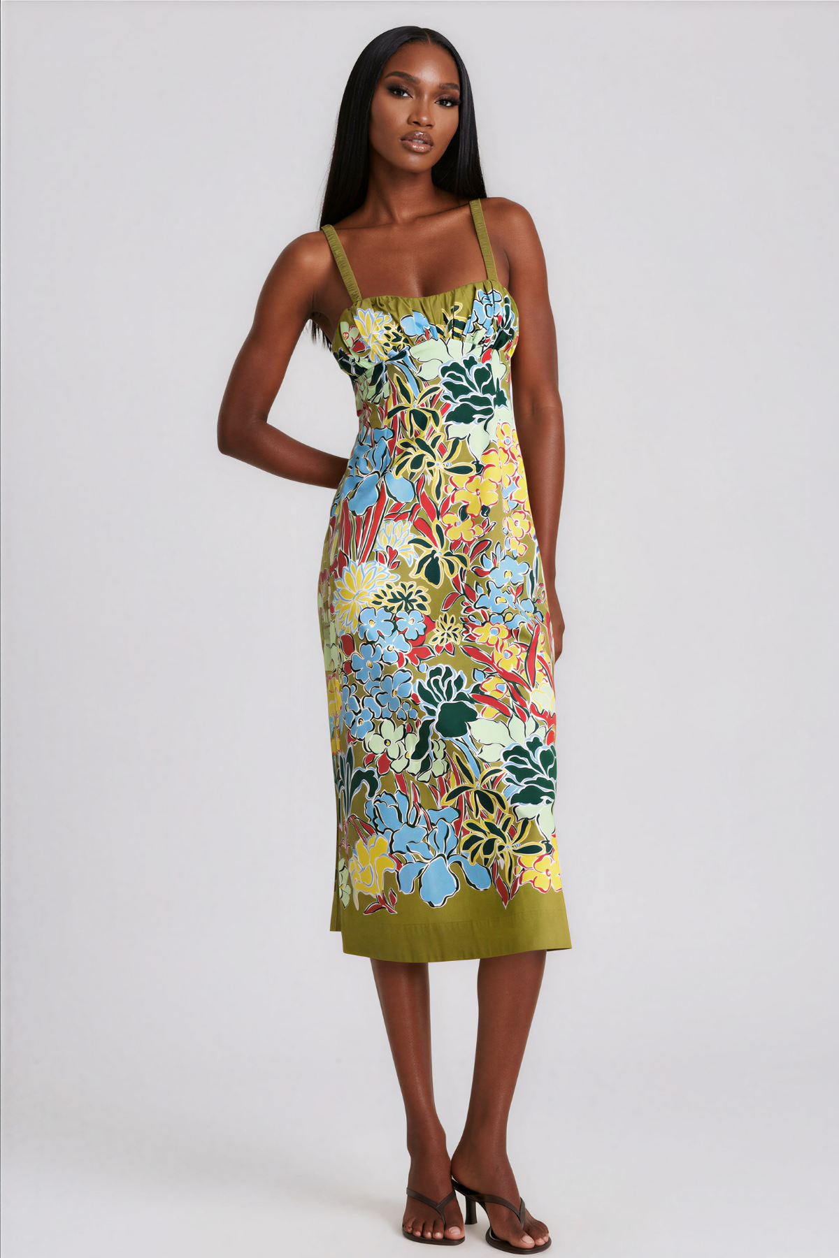 Kahedin Floral Ruched Strap Midi Dress