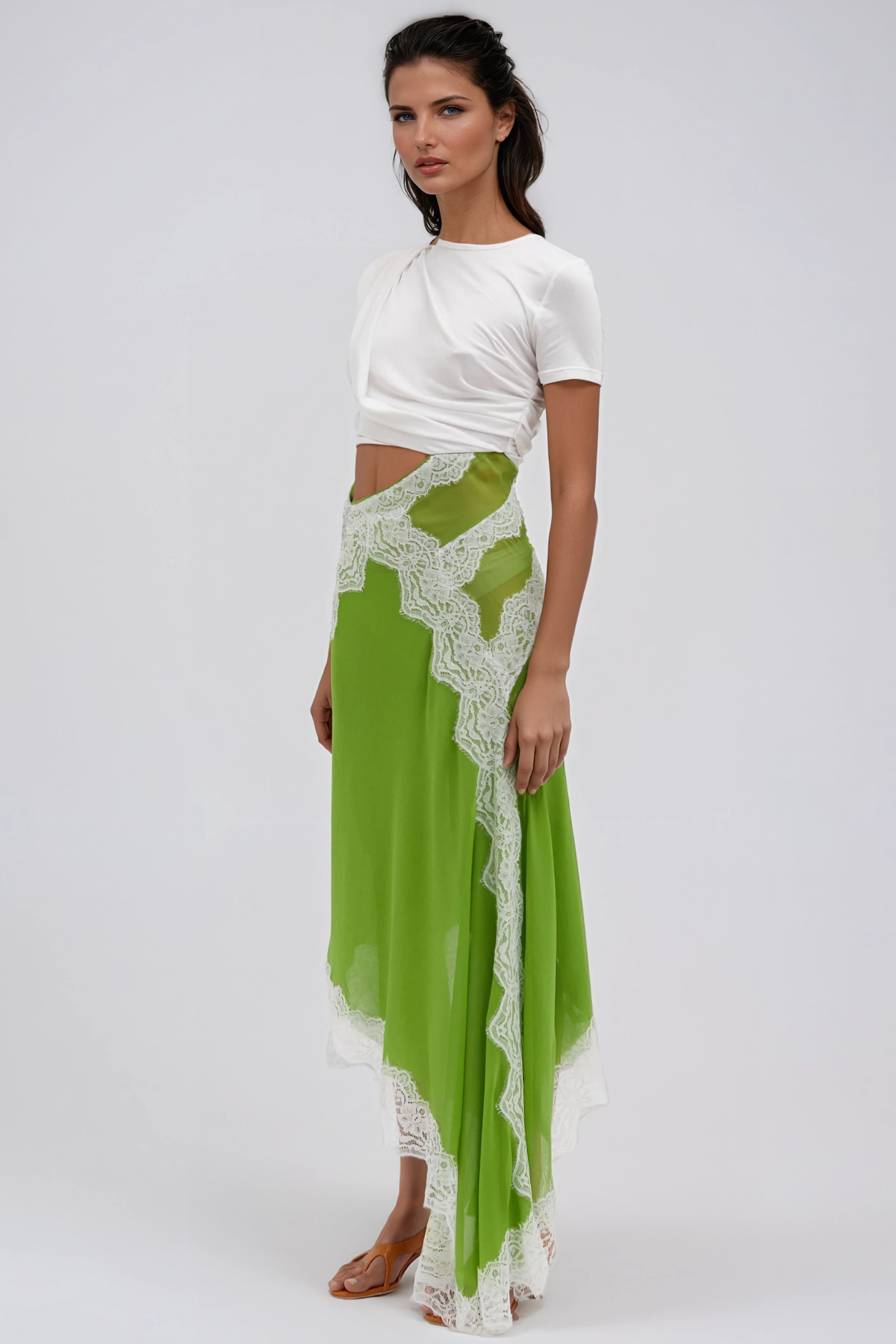 Bess Asymmetric Lace Satin Midi Dress In Chartreuse