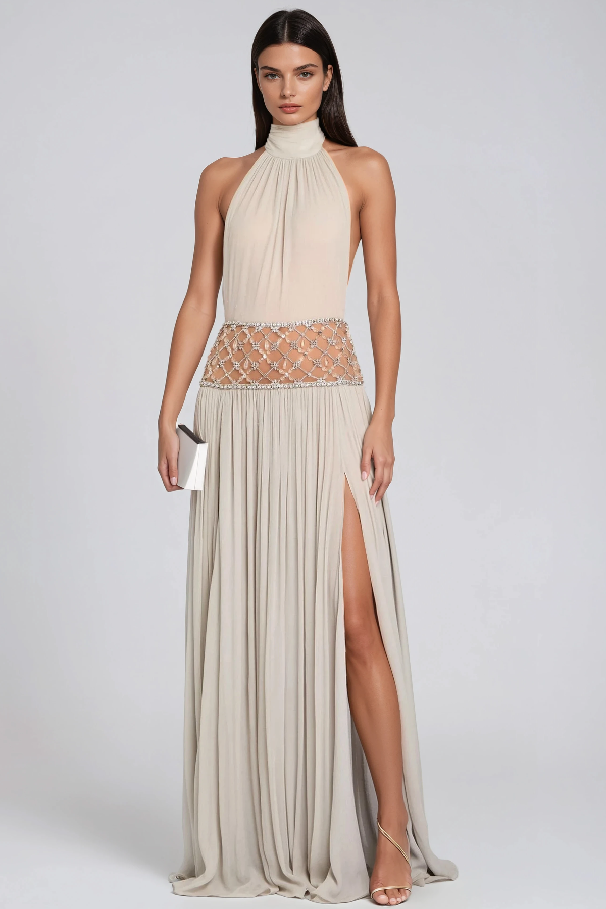Hani Halterneck Ruched Crystal Split Maxi Dress