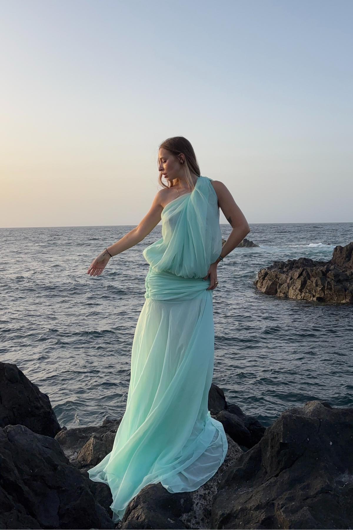 Javaid One Shoulder Mesh Draped Maxi Dress