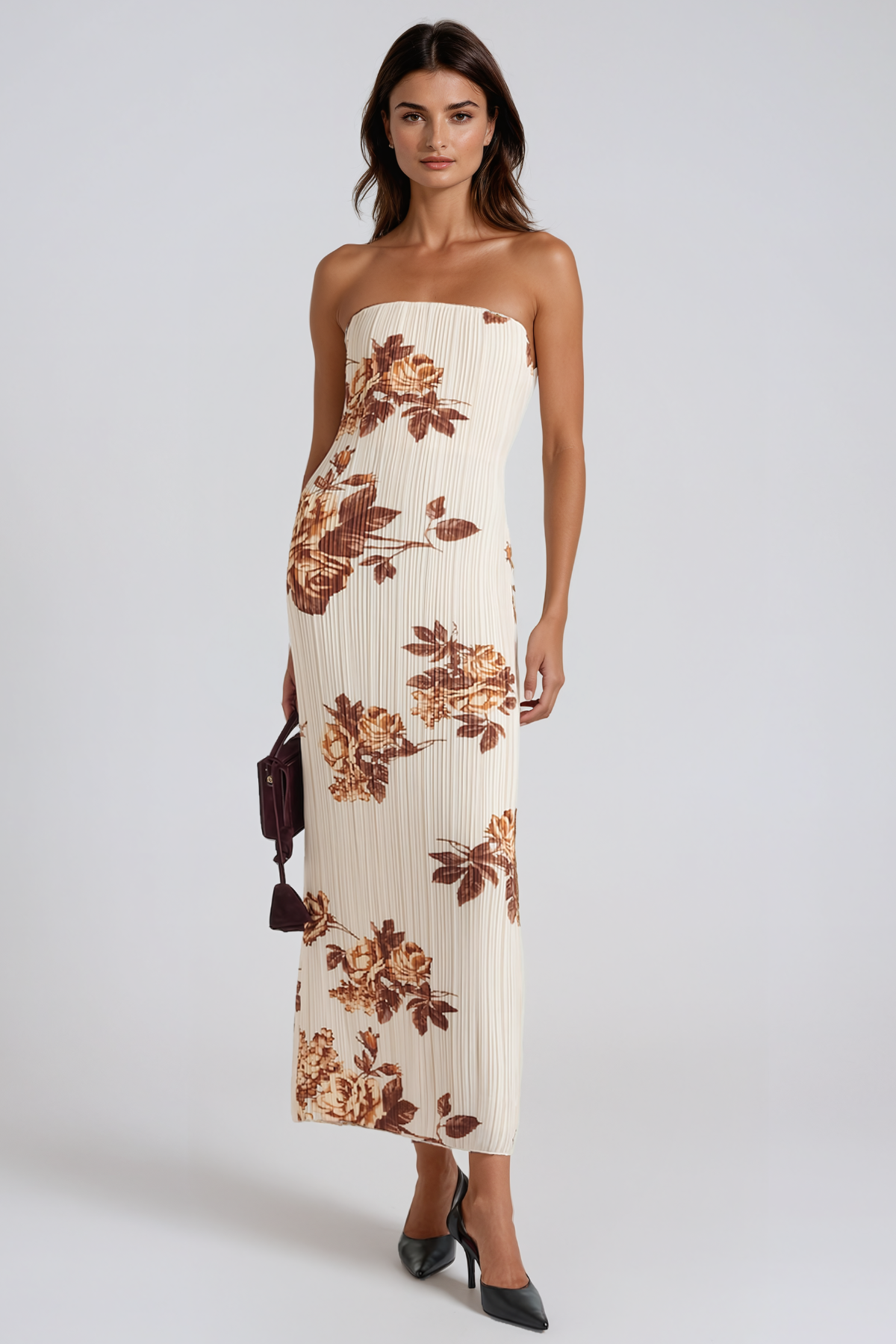 Helgi Strapless Ruch Floral Midi Dress