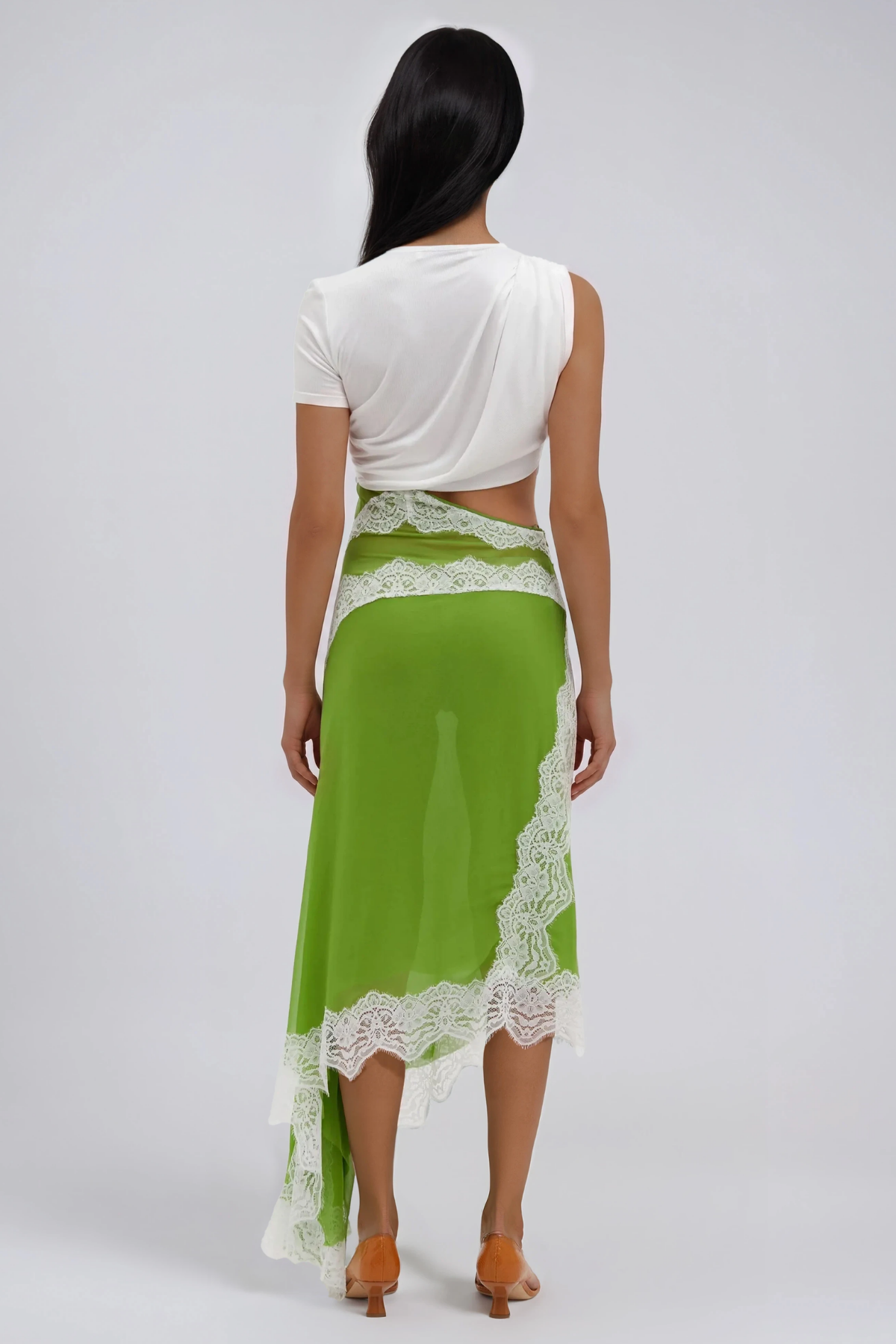 Bess Asymmetric Lace Satin Midi Dress In Chartreuse