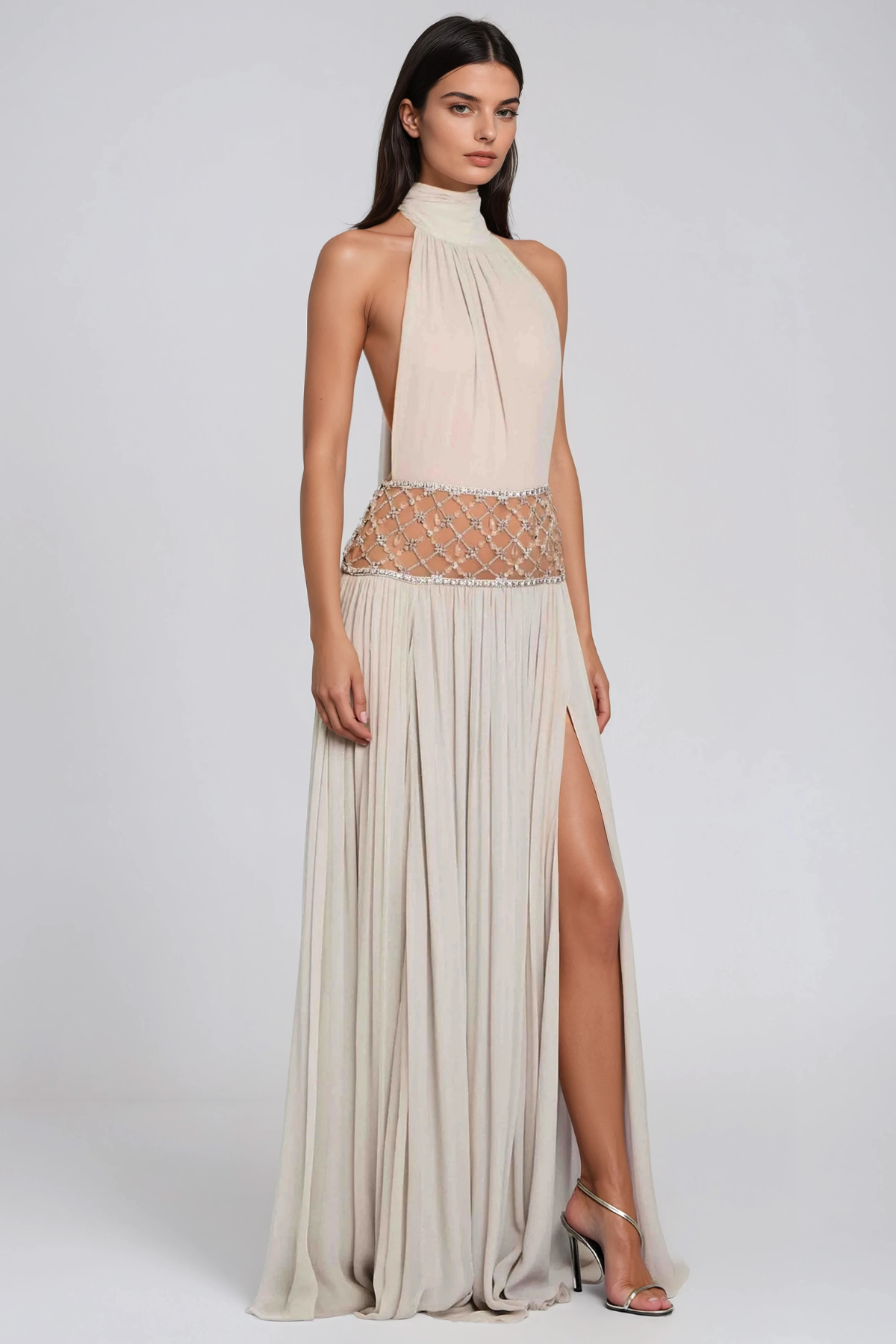 Hani Halterneck Ruched Crystal Split Maxi Dress