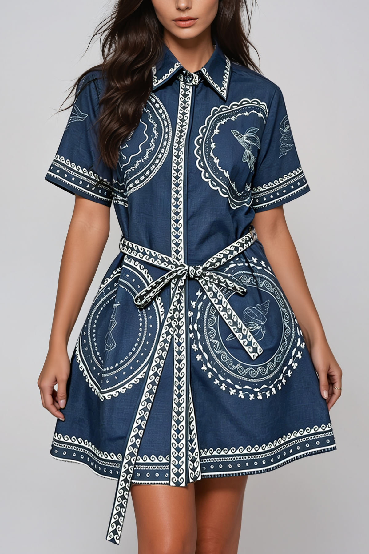 Haoran Lapel Tie Up Print Mini Dress