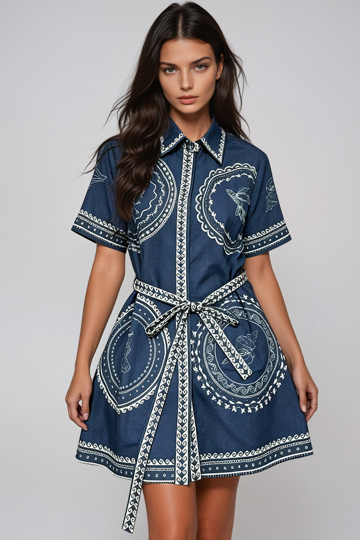Haoran Lapel Tie Up Print Mini Dress