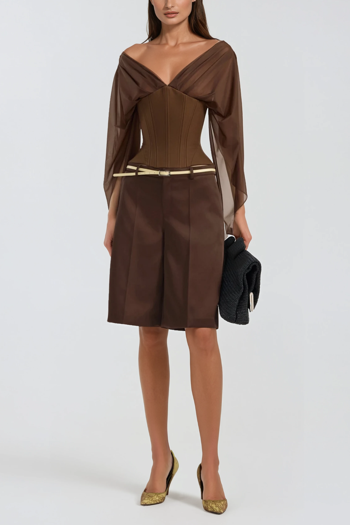 Herakleitos Plunge Mesh Corset Top In Brown