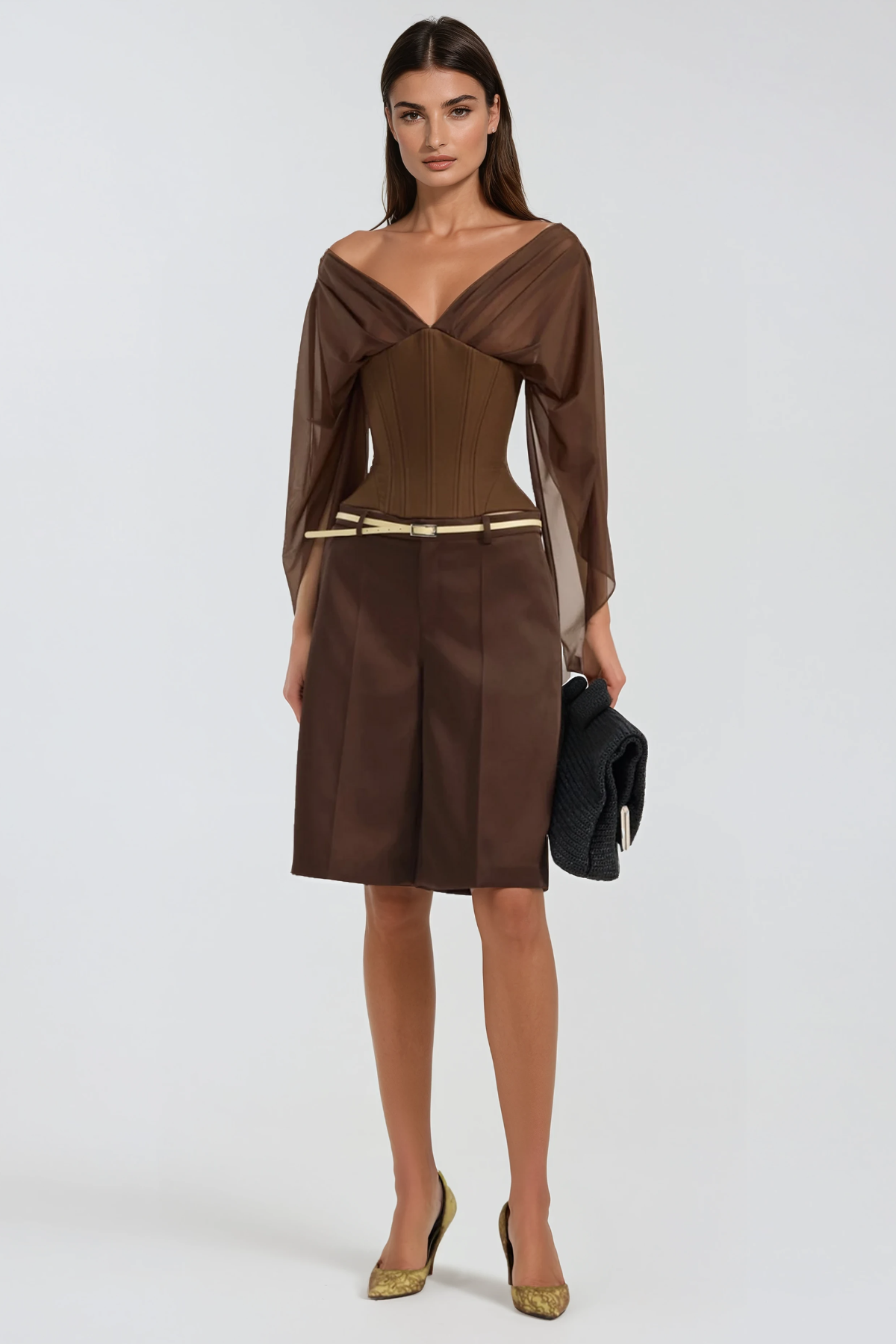 Herakleitos Plunge Mesh Corset Top In Brown