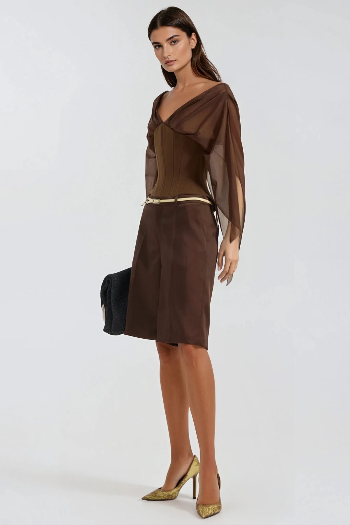 Herakleitos Plunge Mesh Corset Top In Brown