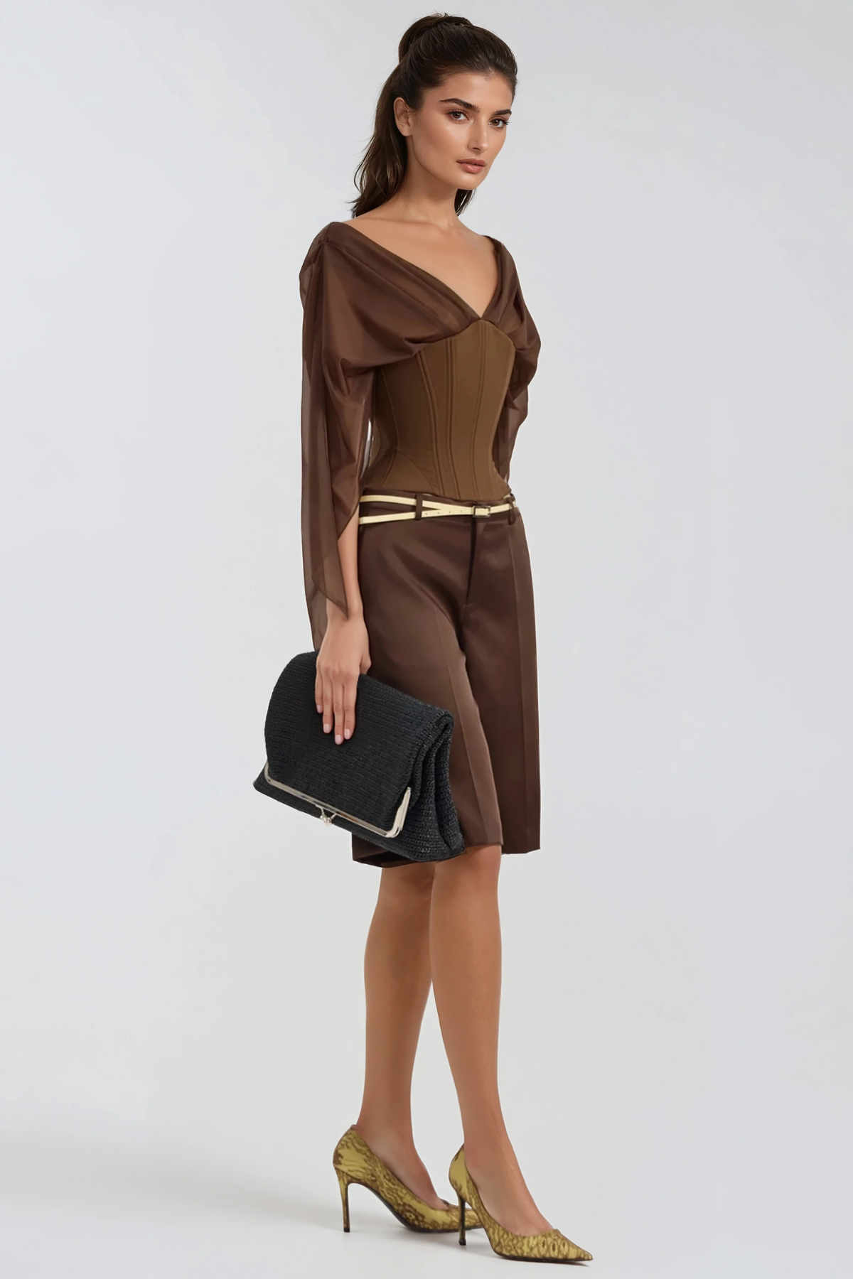 Herakleitos Plunge Mesh Corset Top In Brown