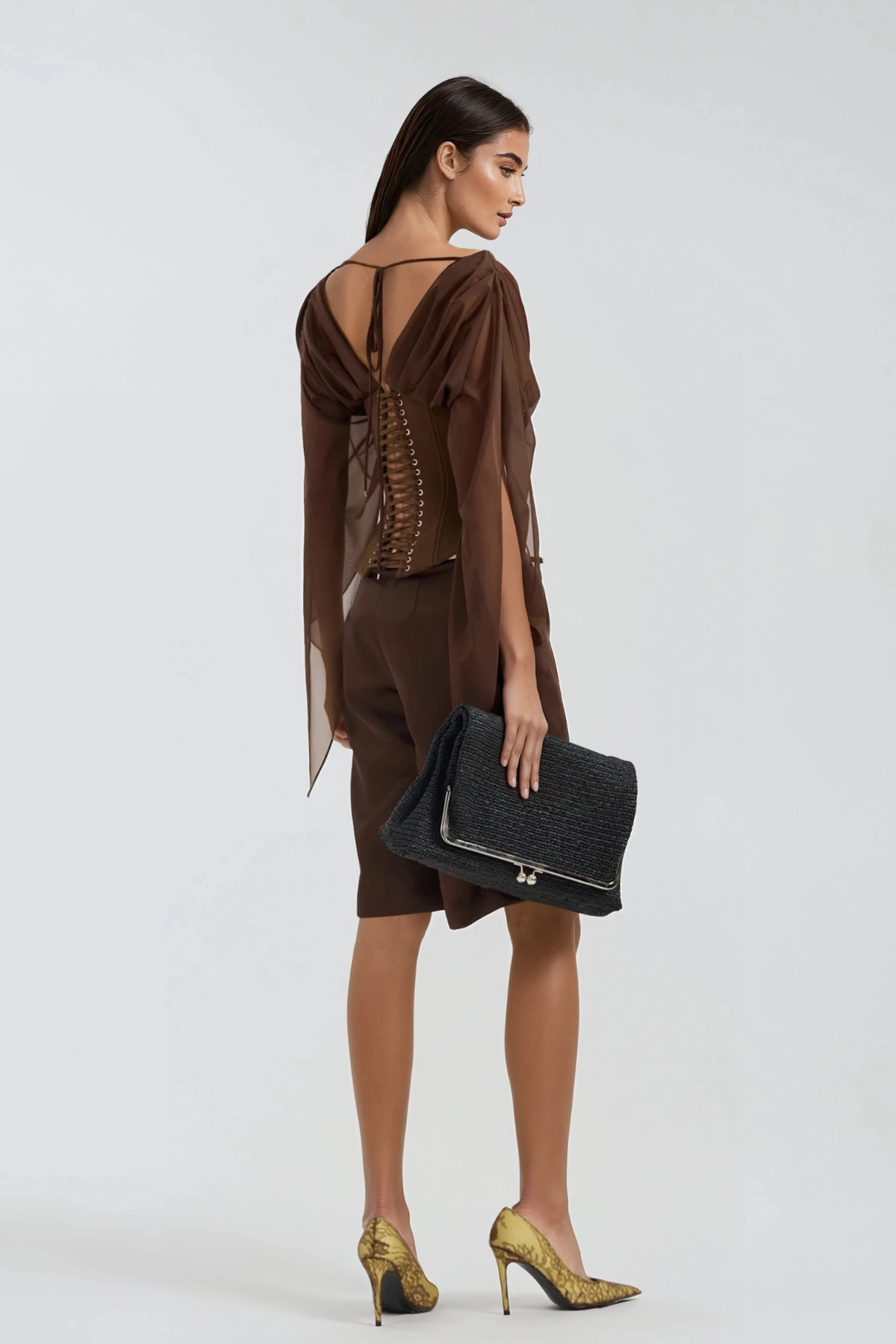 Herakleitos Plunge Mesh Corset Top In Brown