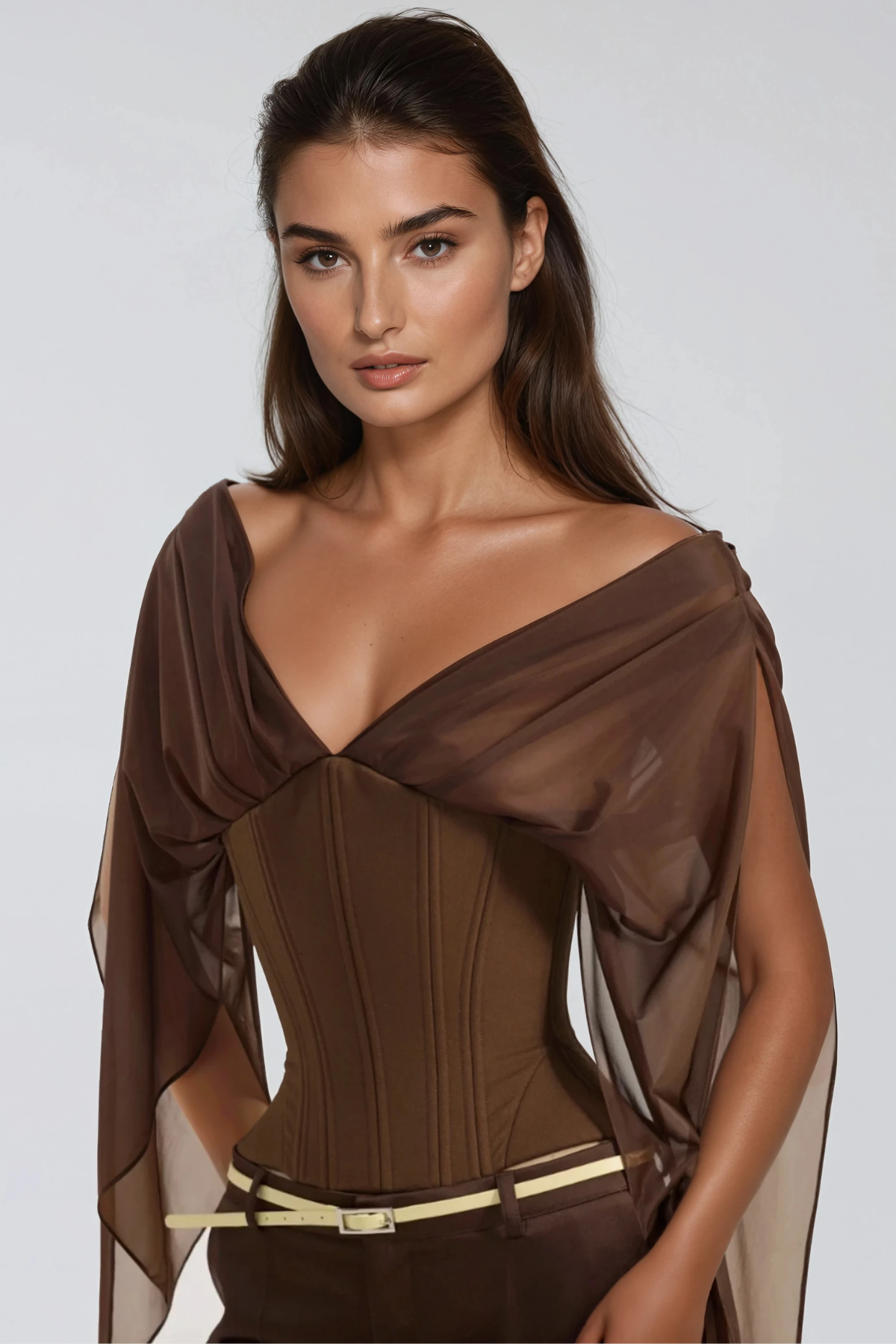 Herakleitos Plunge Mesh Corset Top In Brown