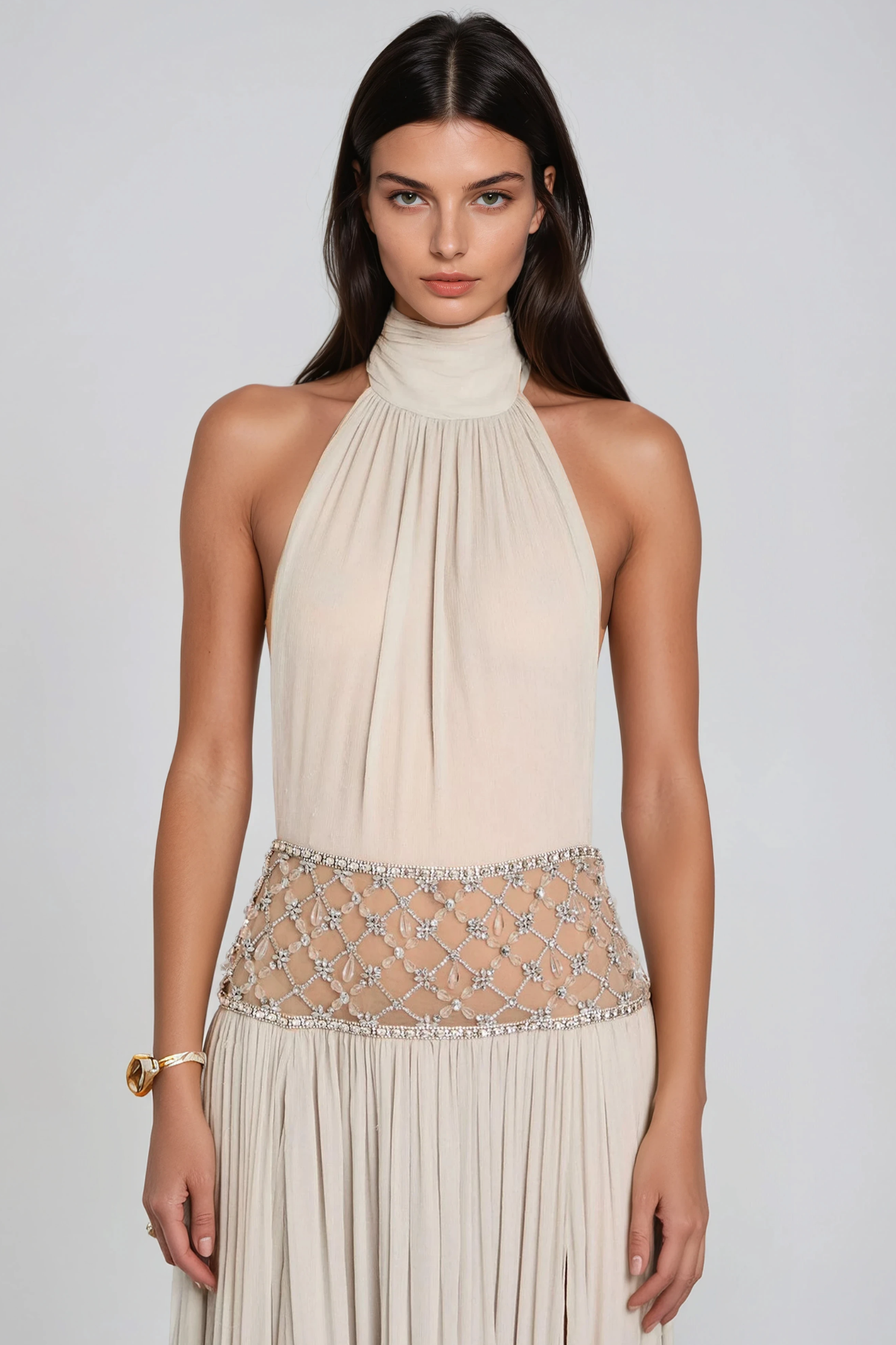Hani Halterneck Ruched Crystal Split Maxi Dress