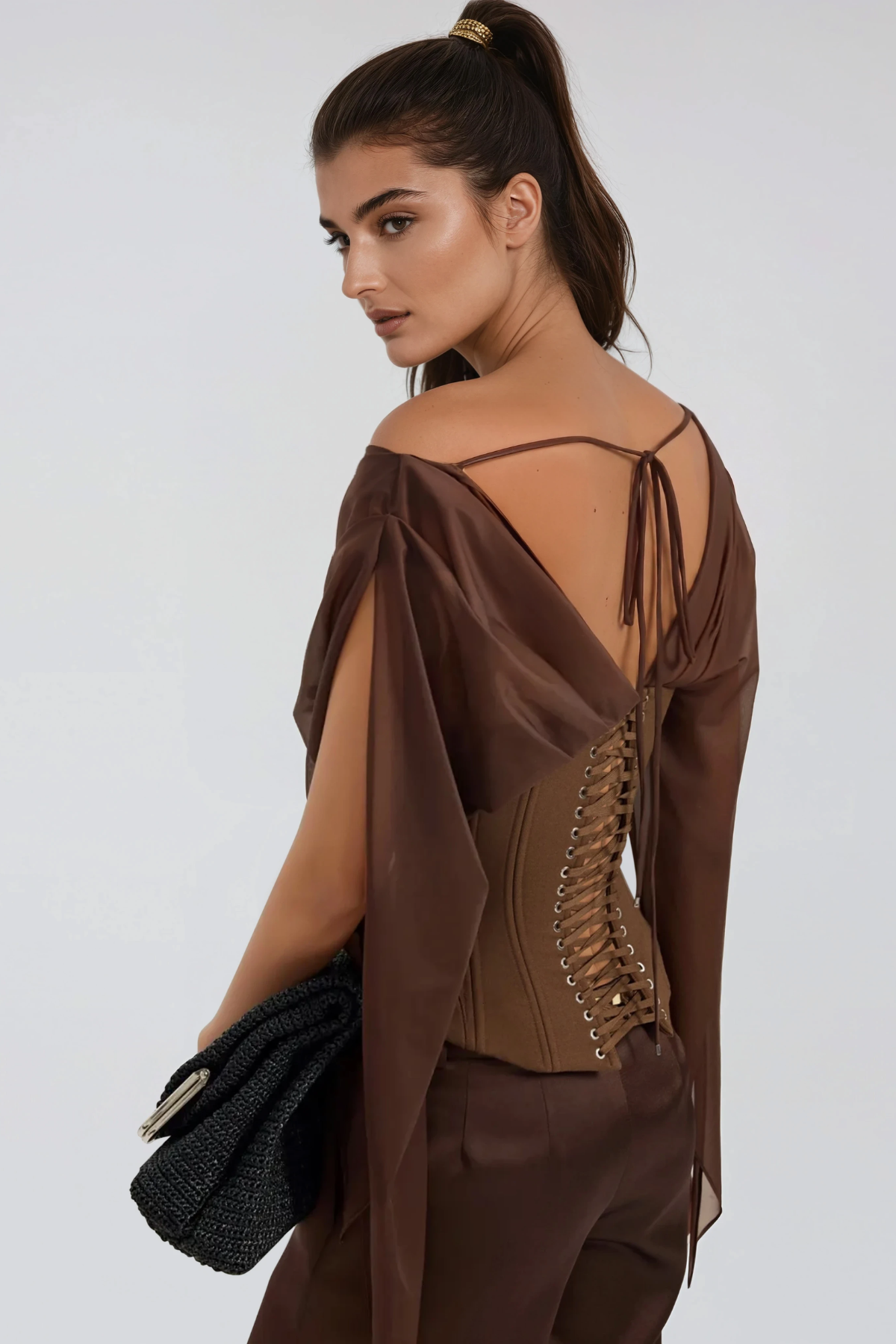 Herakleitos Plunge Mesh Corset Top In Brown