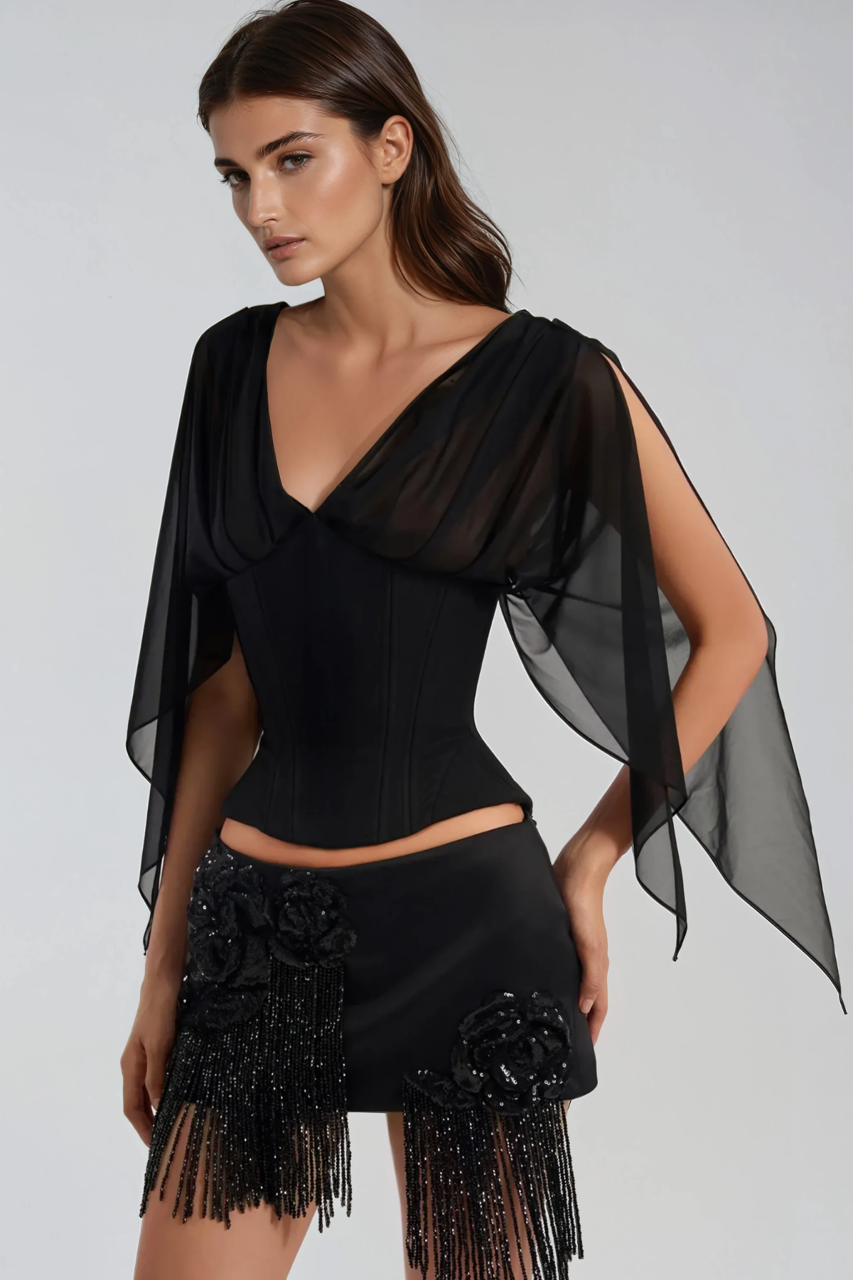 Herakleitos Plunge Mesh Corset Top In Black