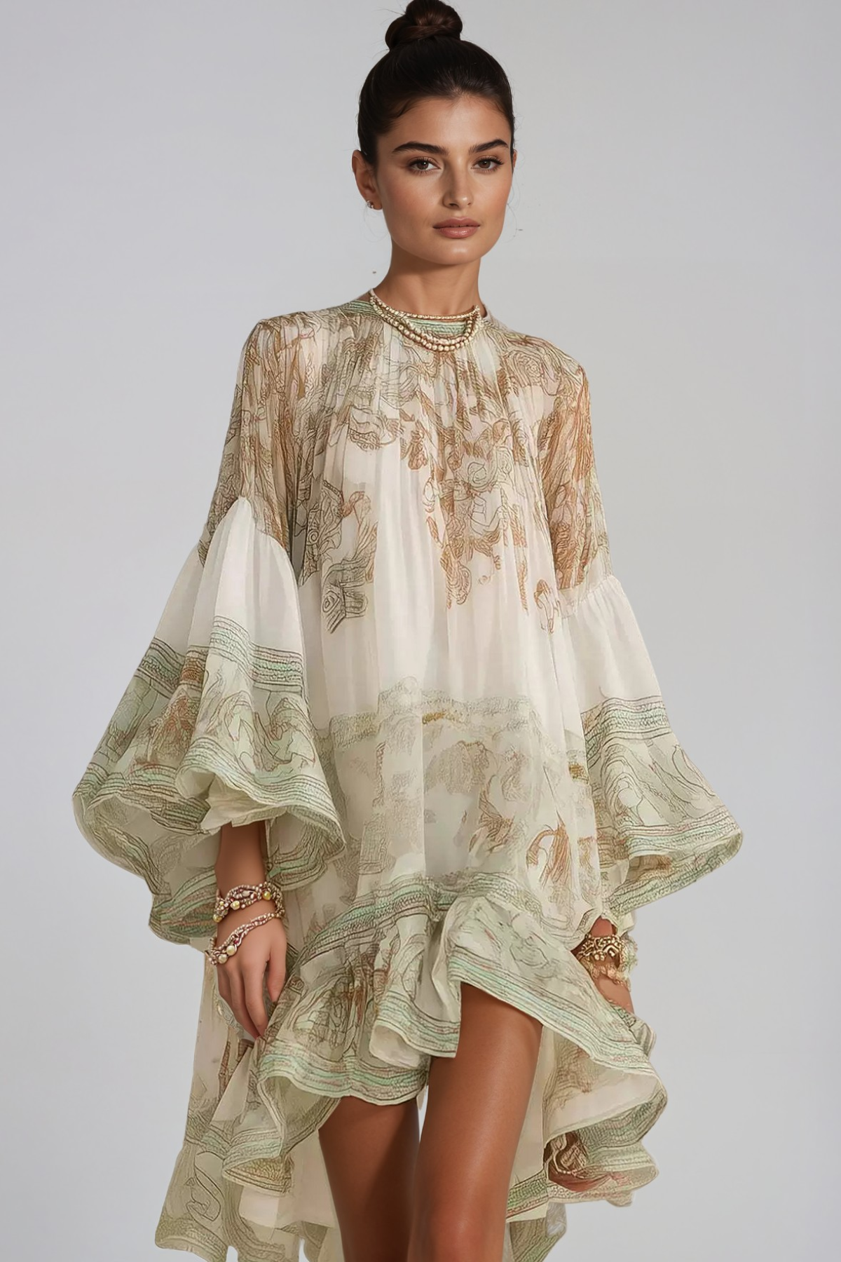 Hermokrates Bell Sleeve Print Ruffle Mini Dress
