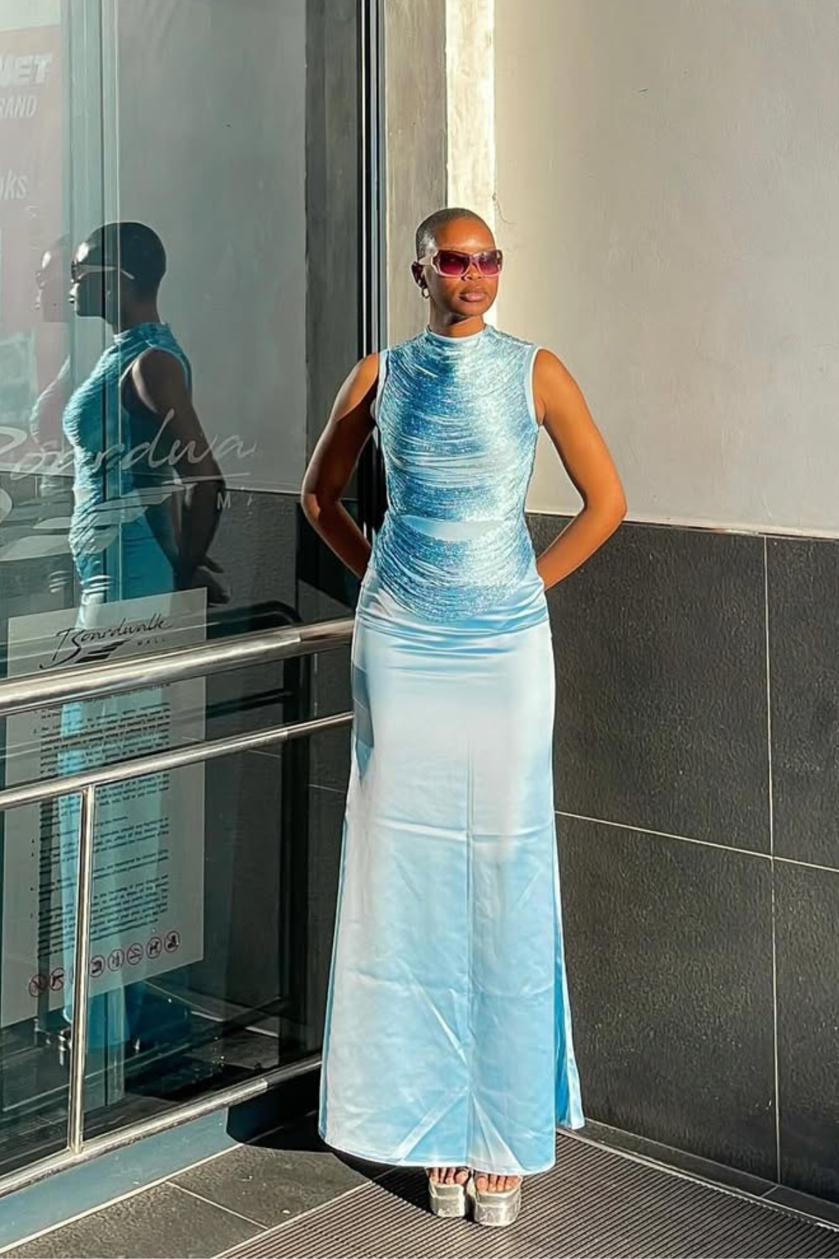 Fedde Fringe Satin Skirt Set In Sky Blue