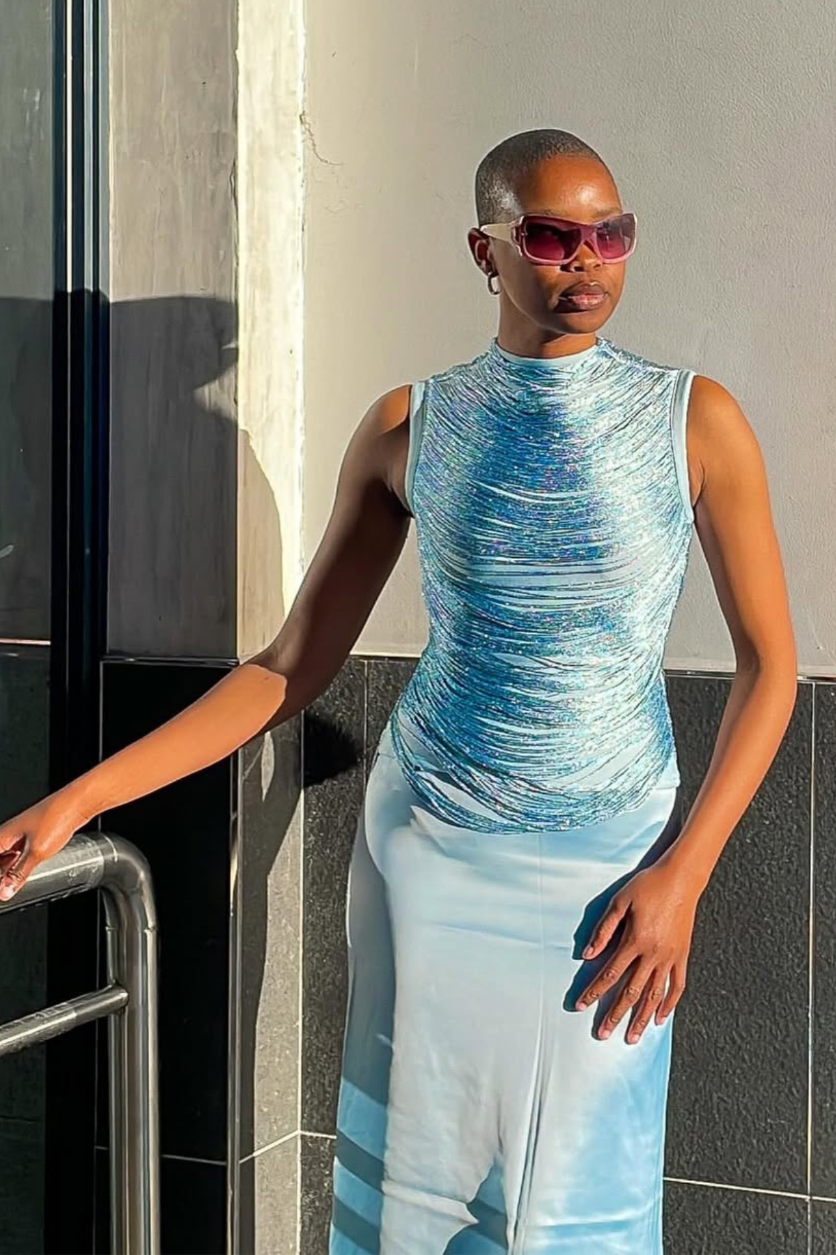 Fedde Fringe Satin Skirt Set In Sky Blue