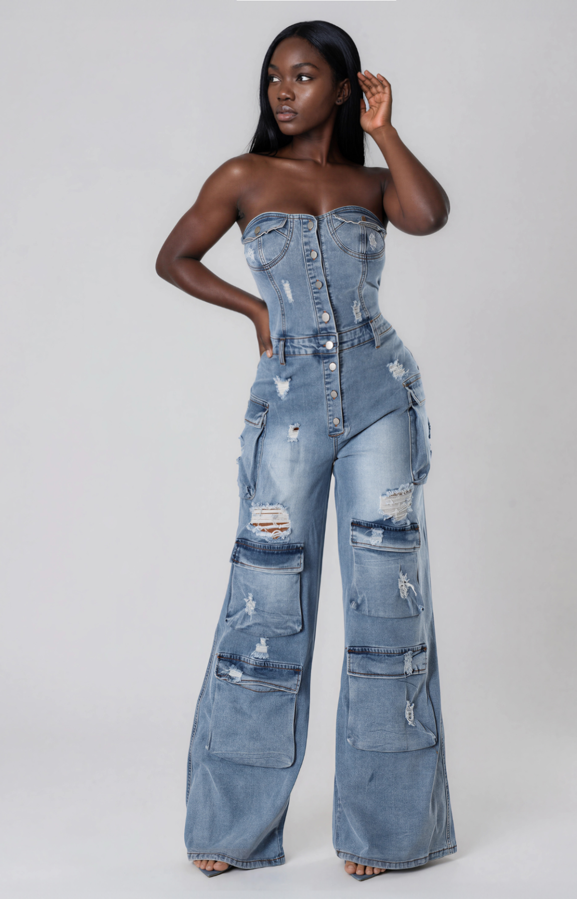 Jeane Strapless Ripped Denim Jumpsuit