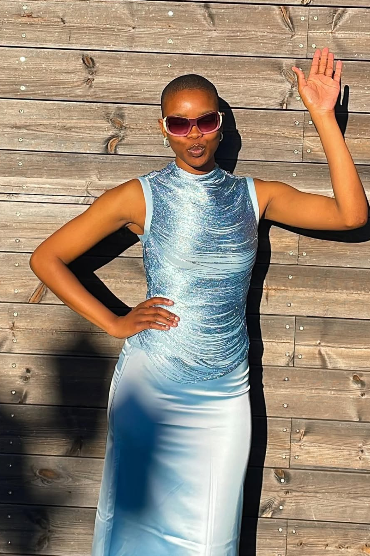 Fedde Fringe Satin Skirt Set In Sky Blue