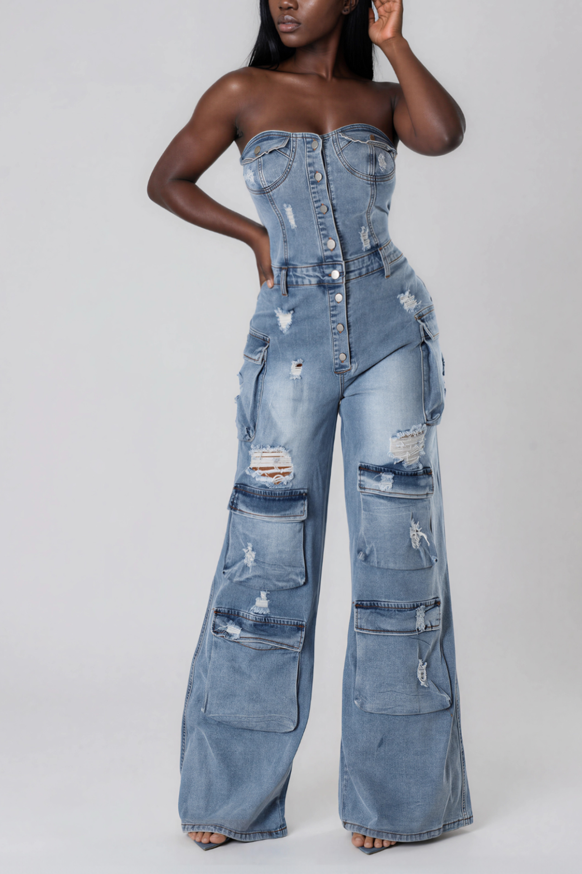 Jeane Strapless Ripped Denim Jumpsuit