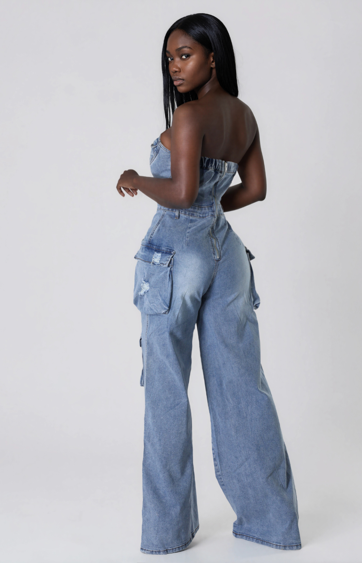 Jeane Strapless Ripped Denim Jumpsuit