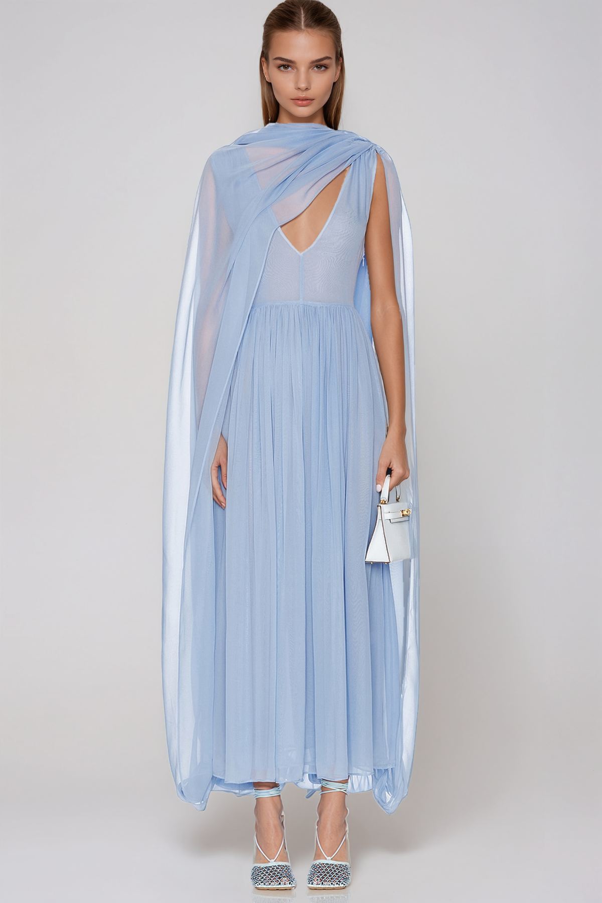 Helier Shwal Mesh Ruch Midi Dress