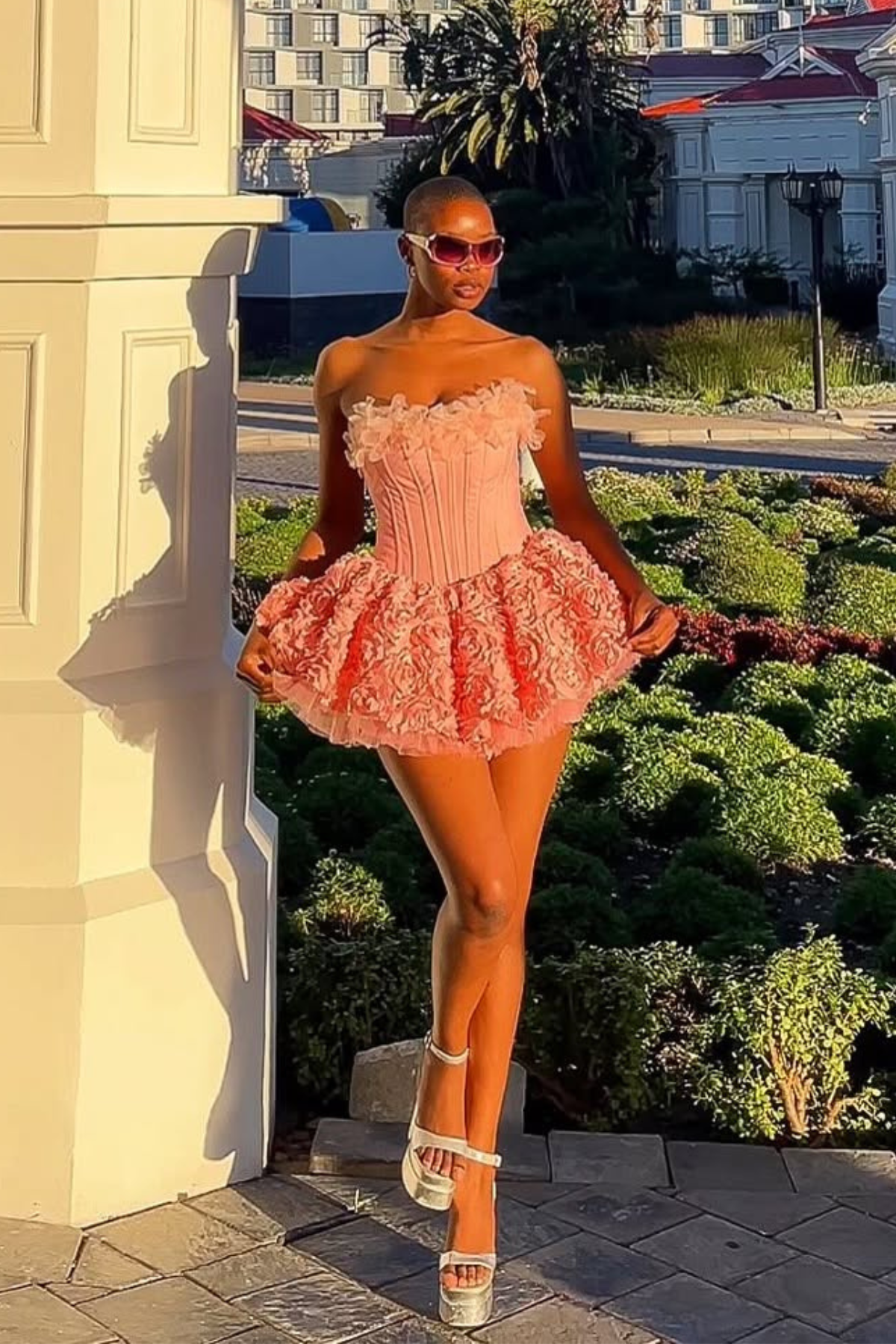 Daxton Corset Flower Puffy Mini Dress In Pink