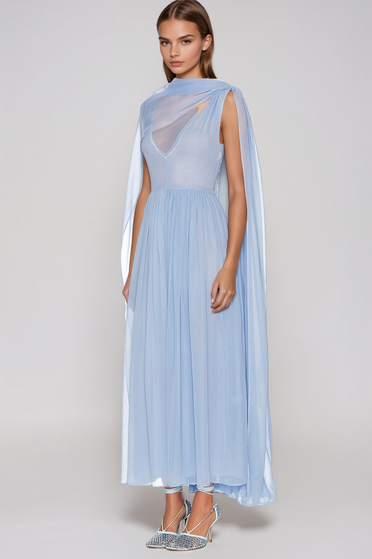 Helier Shwal Mesh Ruch Midi Dress