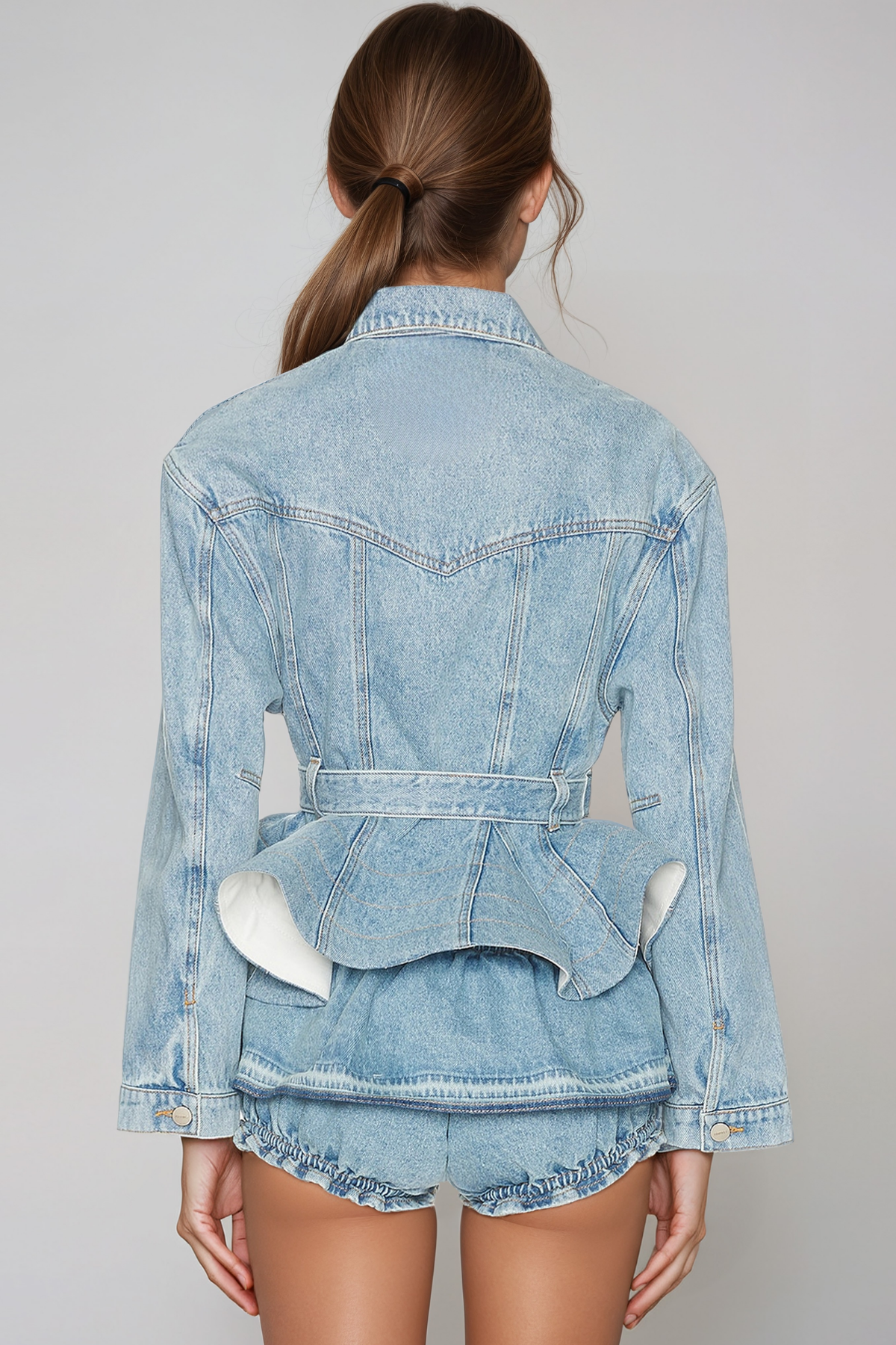 Heliodoro Denim Ruffle Belt Skirt Set