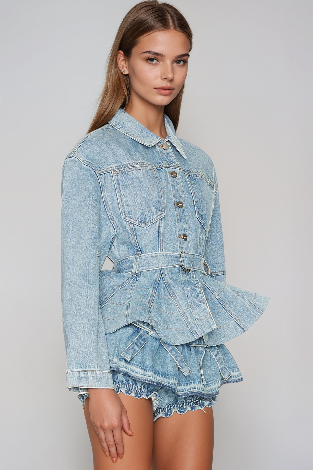 Heliodoro Denim Ruffle Belt Skirt Set