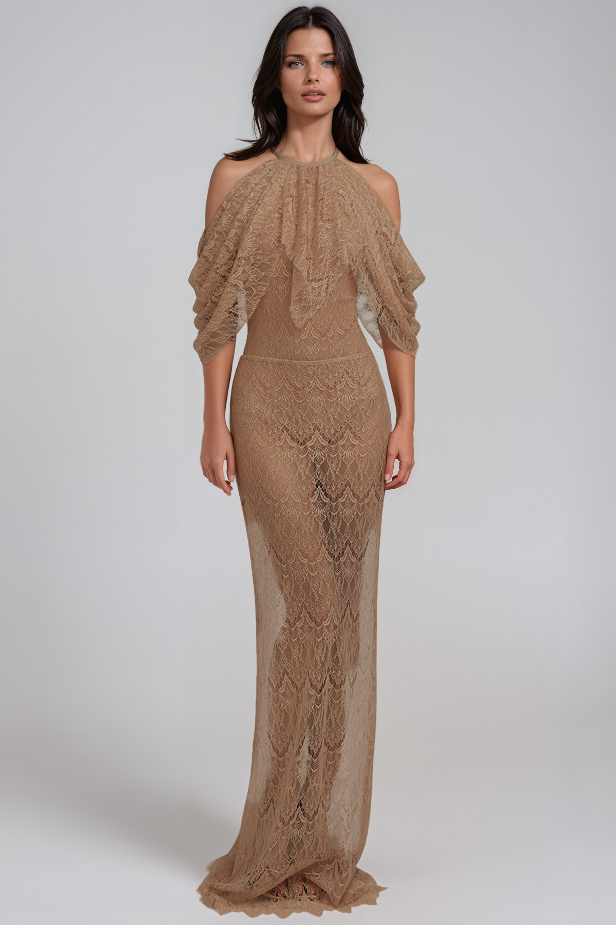 Hisako Halter Neck Lace Ruffle Maxi Dress