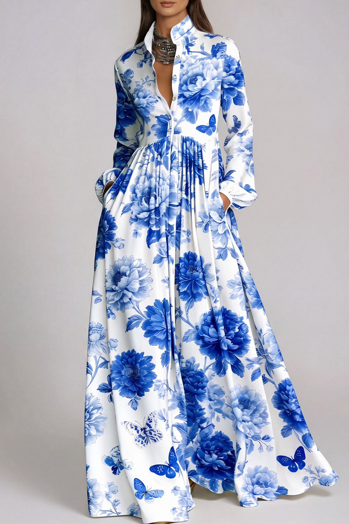 Fizza Plunge Ruch Floral Maxi Dress In Blue