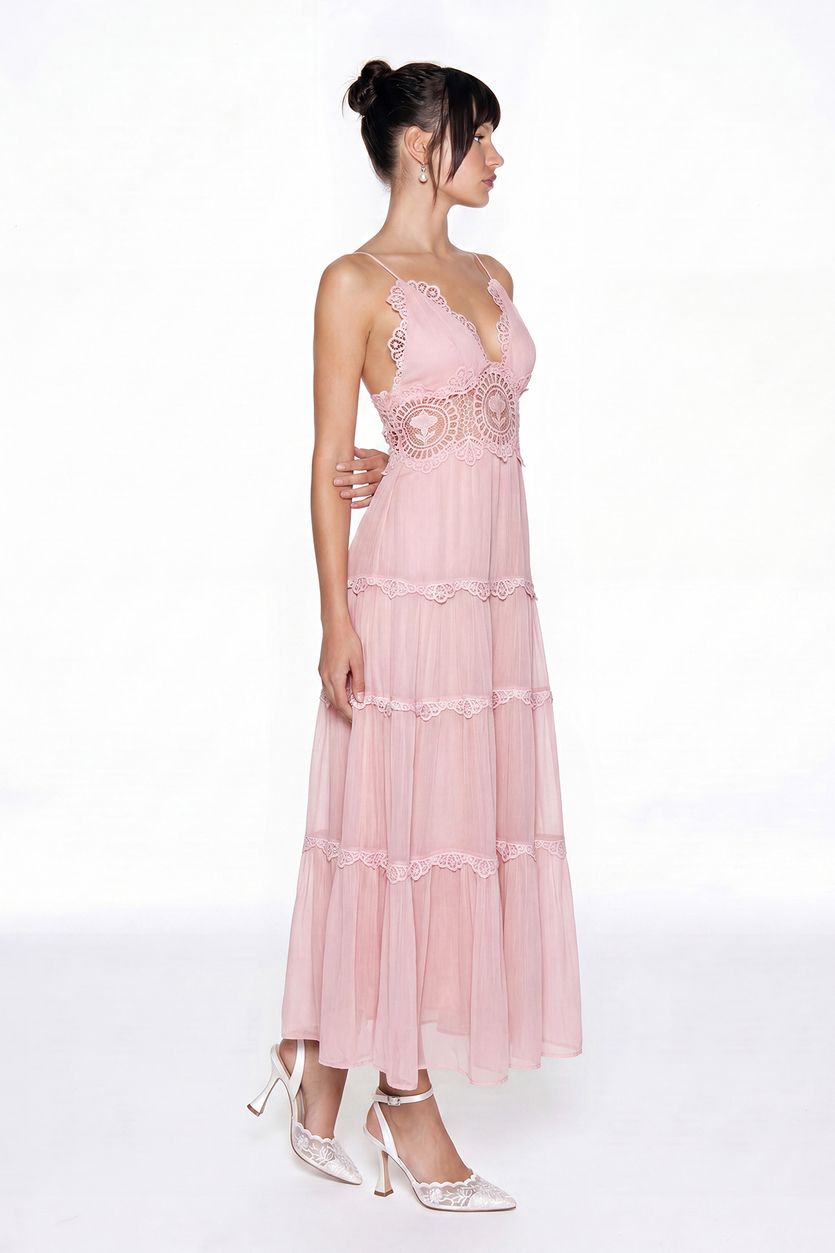 Hanieh V Neck  Lace Floral Maxi Dress In Pink