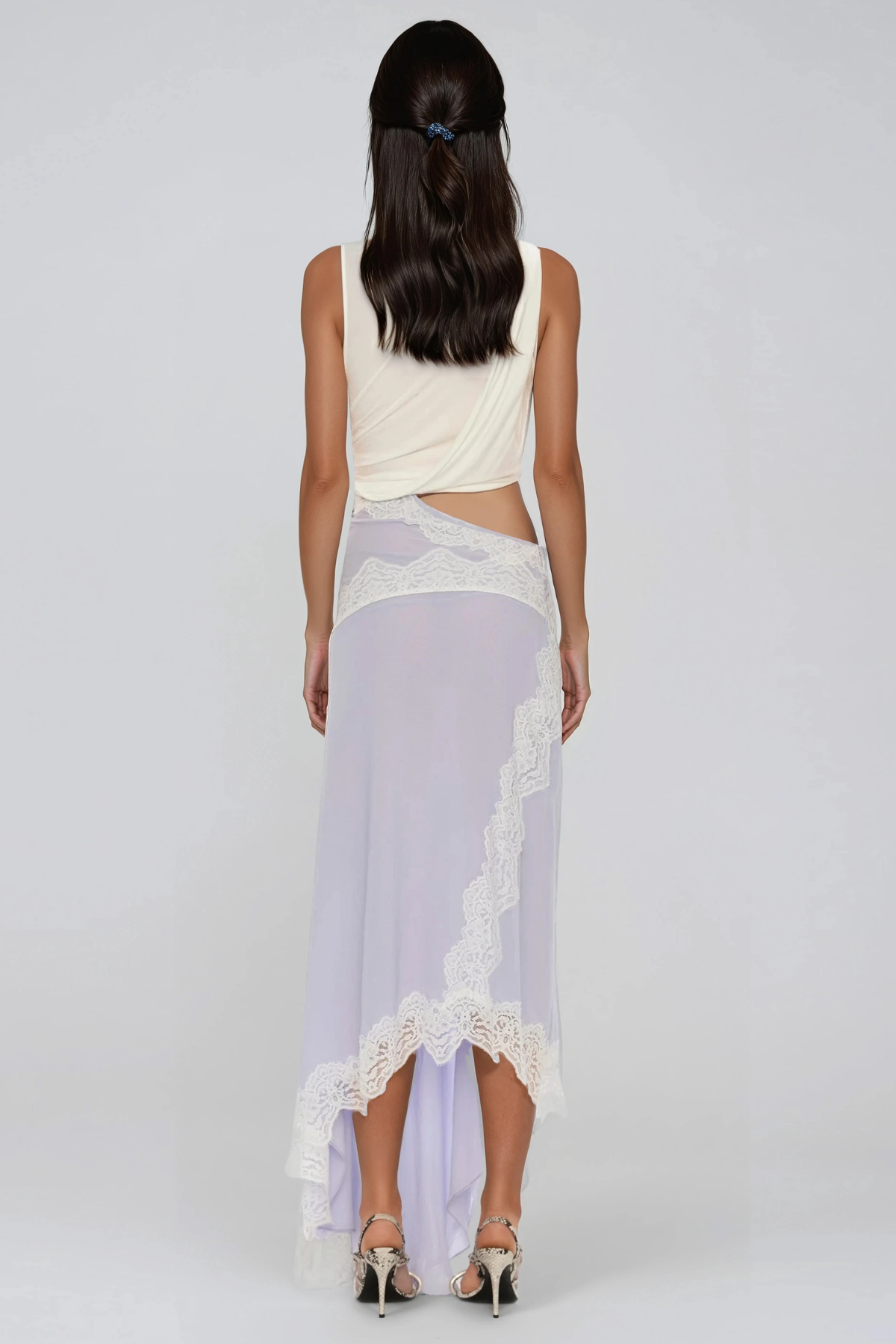 Bess Sleeveless Asymmetric Lace Maxi Dress