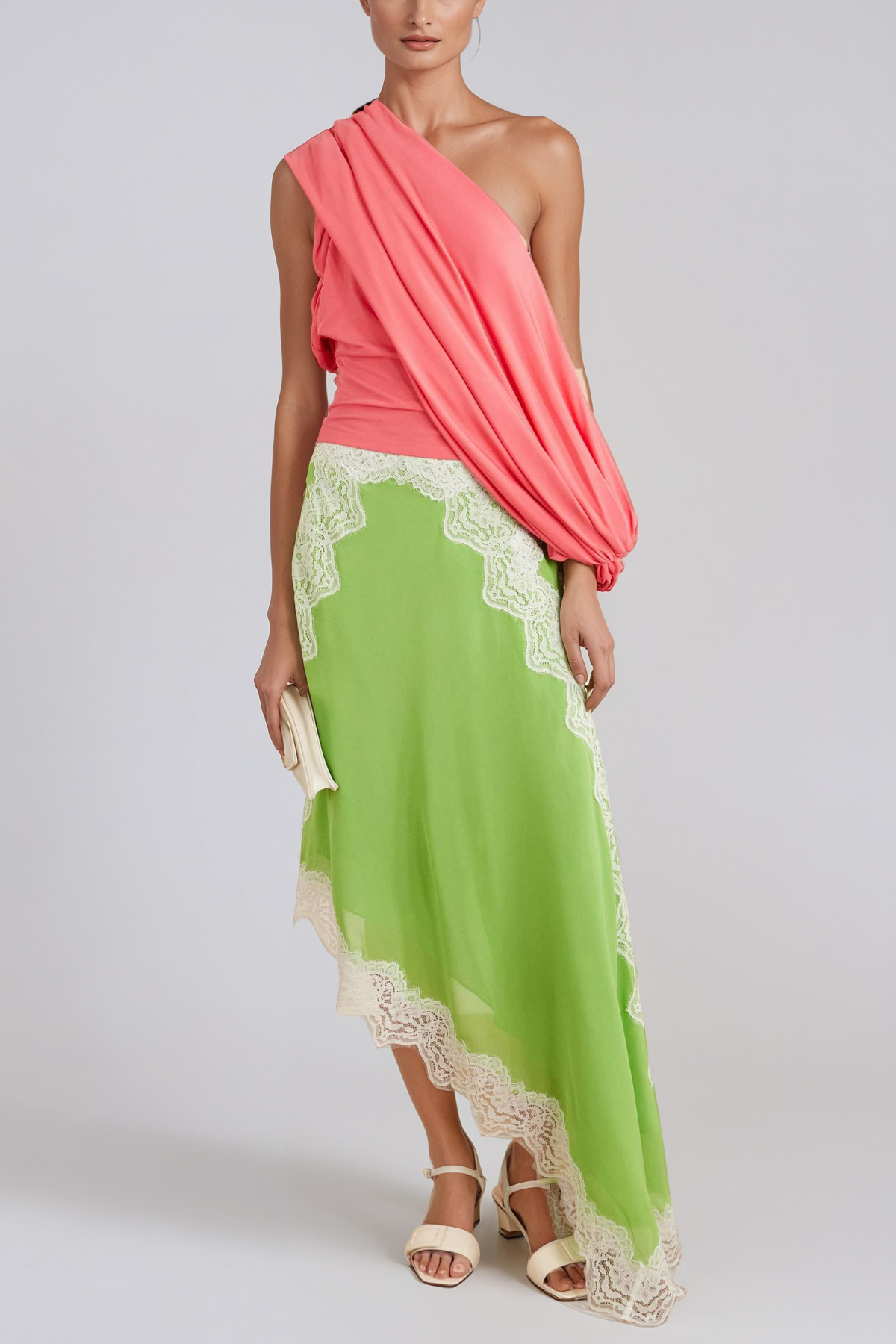 Bess Lace Asymmetric Midi Skirt In Green