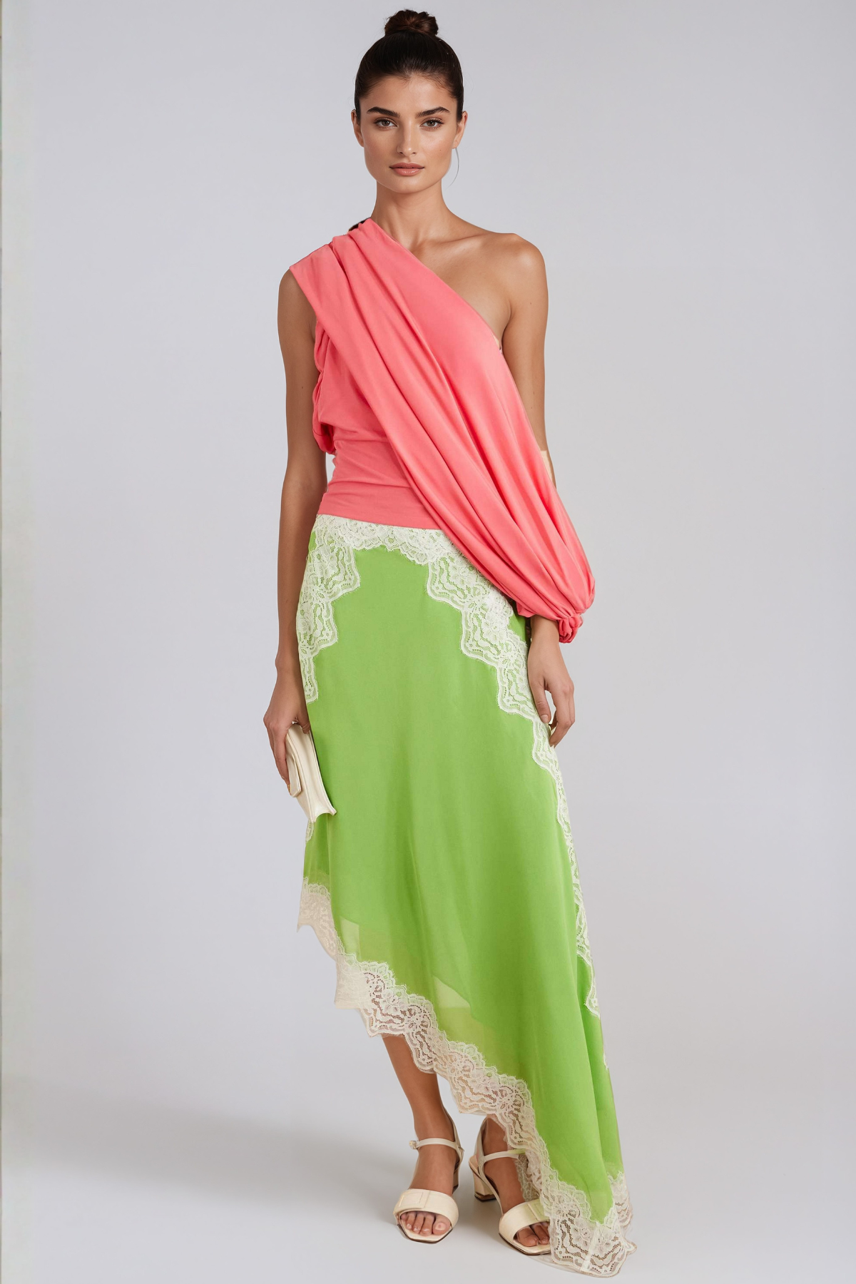 Bess Lace Asymmetric Midi Skirt In Green