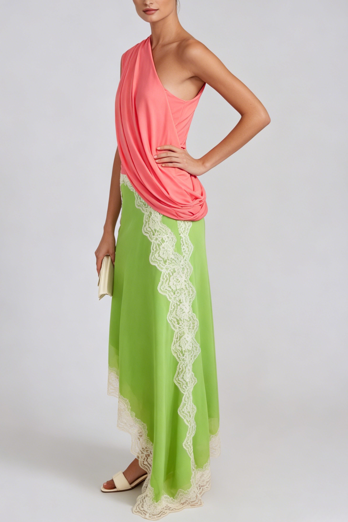 Bess Lace Asymmetric Midi Skirt In Green